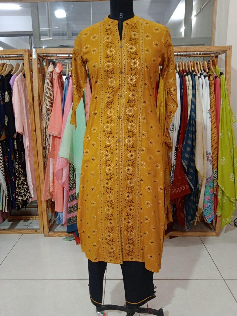 Mustard And Black Cotton Kurta