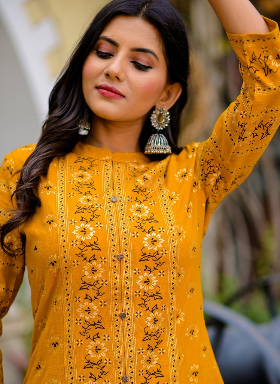 Mustard And Black Cotton Kurta