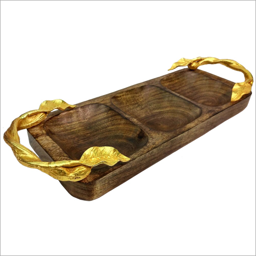 Long Rectangle Wood Tray With Metal Leaf Handle Size: 17 X 6 X 2 Inch