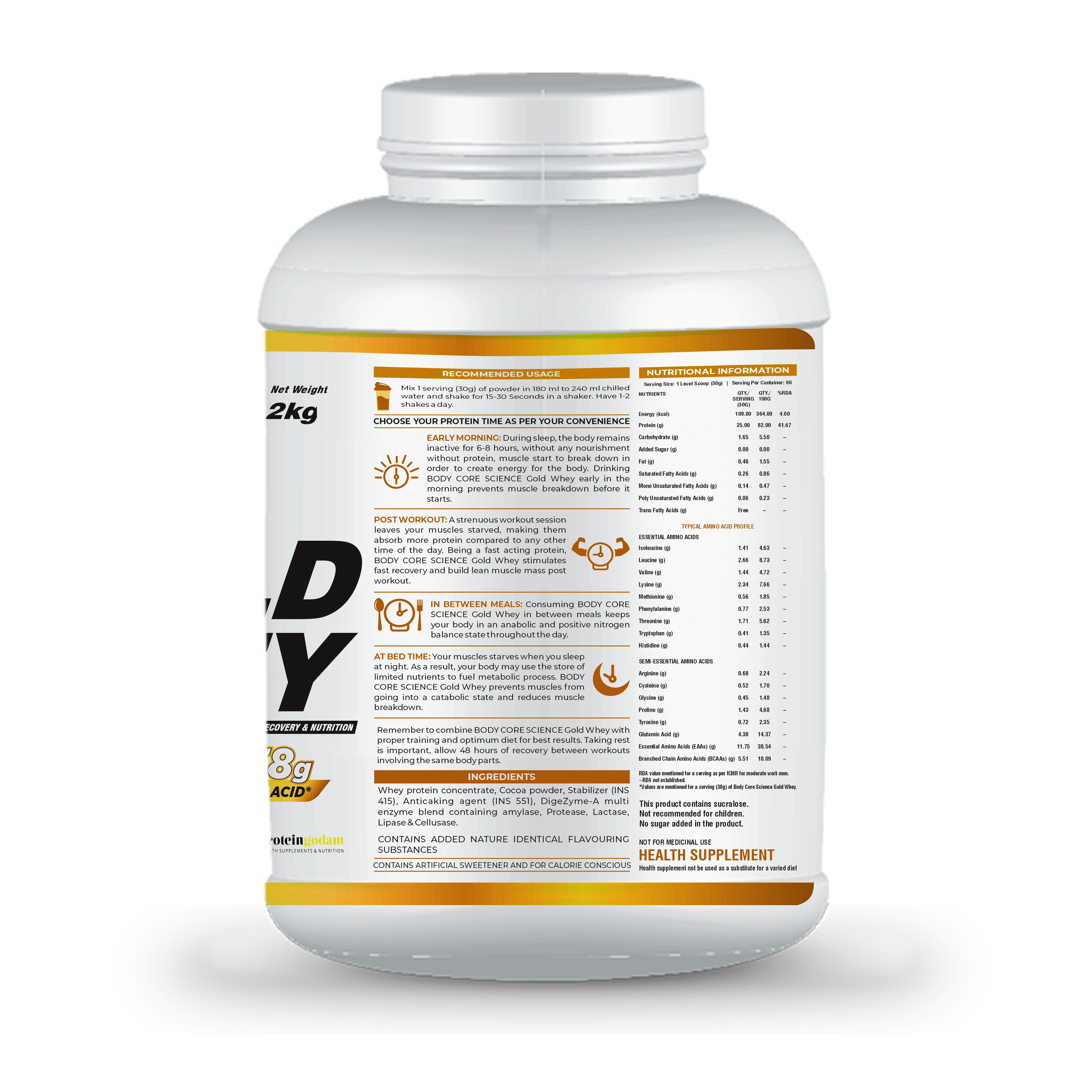 Bcs 2 Kg Chocolate Flavoured Gold Whey Protein Dosage Form: Powder