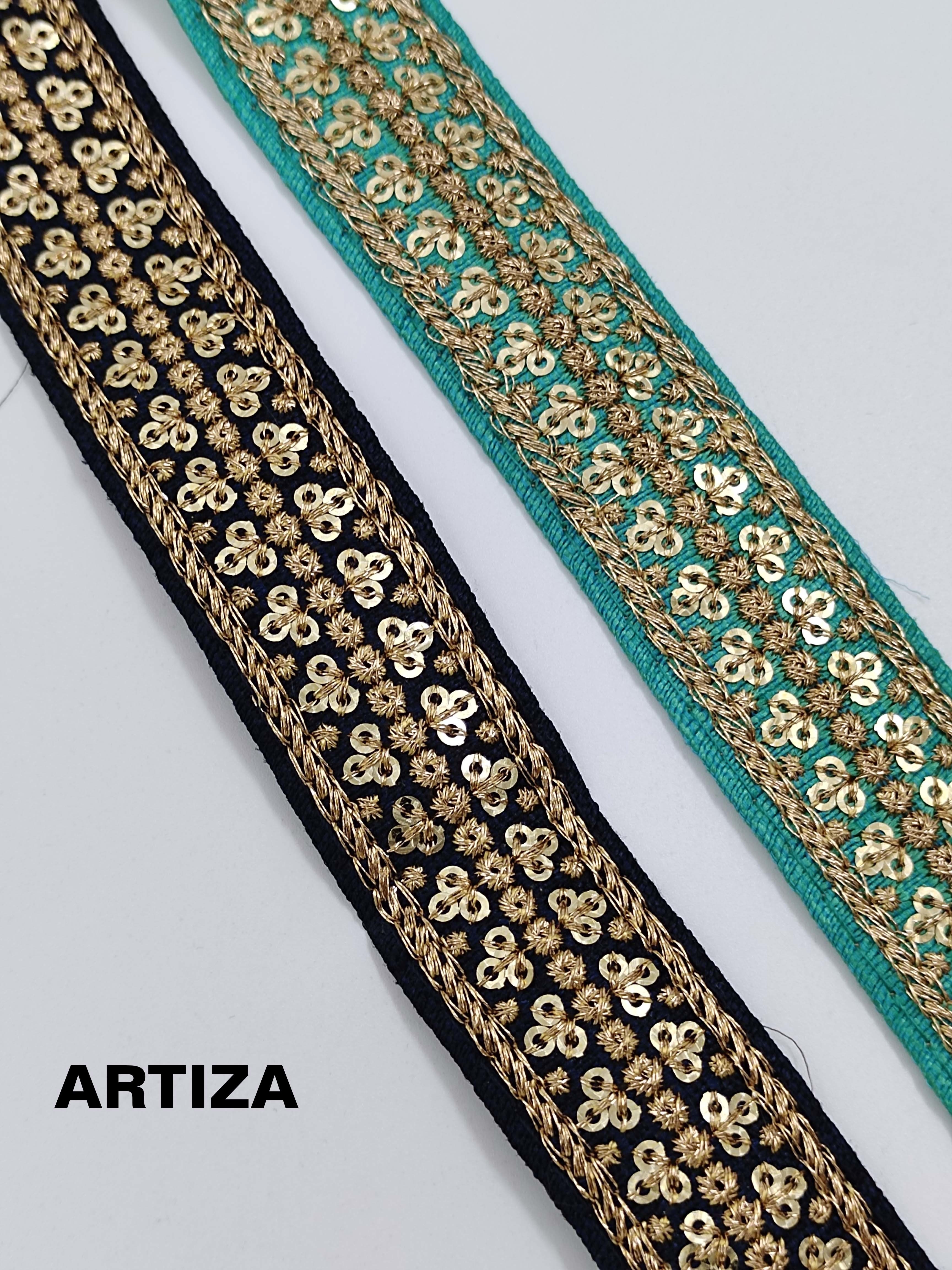 Exclusive Embroidered Zari Border - Polyester And Sequins, 2 Inch Width, Floral Design In Gold, Black, And Red Colors | Dry Clean Only, Embroidered With Sequins
