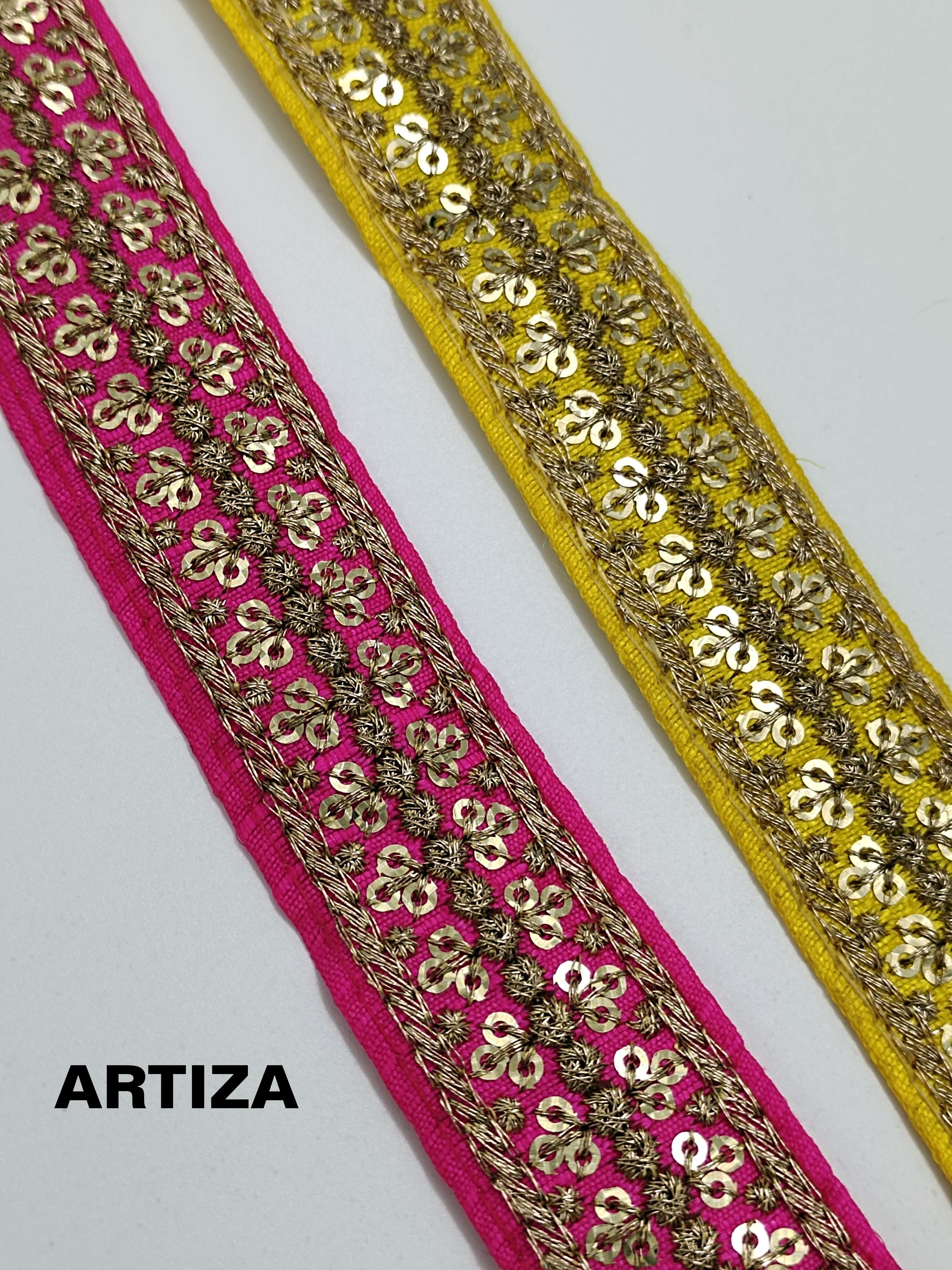 Exclusive Embroidered Zari Border - Polyester And Sequins, 2 Inch Width, Floral Design In Gold, Black, And Red Colors | Dry Clean Only, Embroidered With Sequins