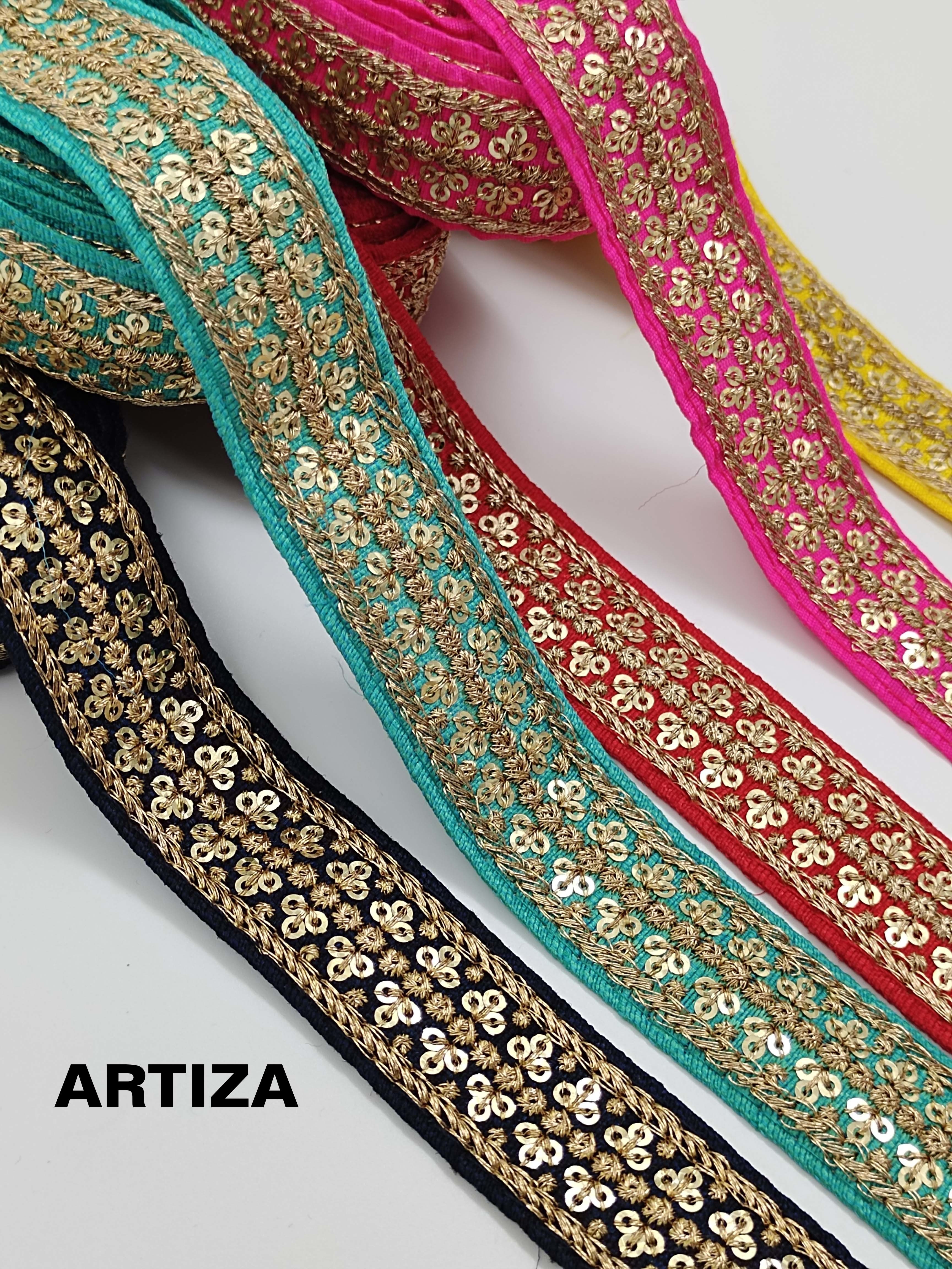 Exclusive Embroidered Zari Border - Polyester And Sequins, 2 Inch Width, Floral Design In Gold, Black, And Red Colors | Dry Clean Only, Embroidered With Sequins