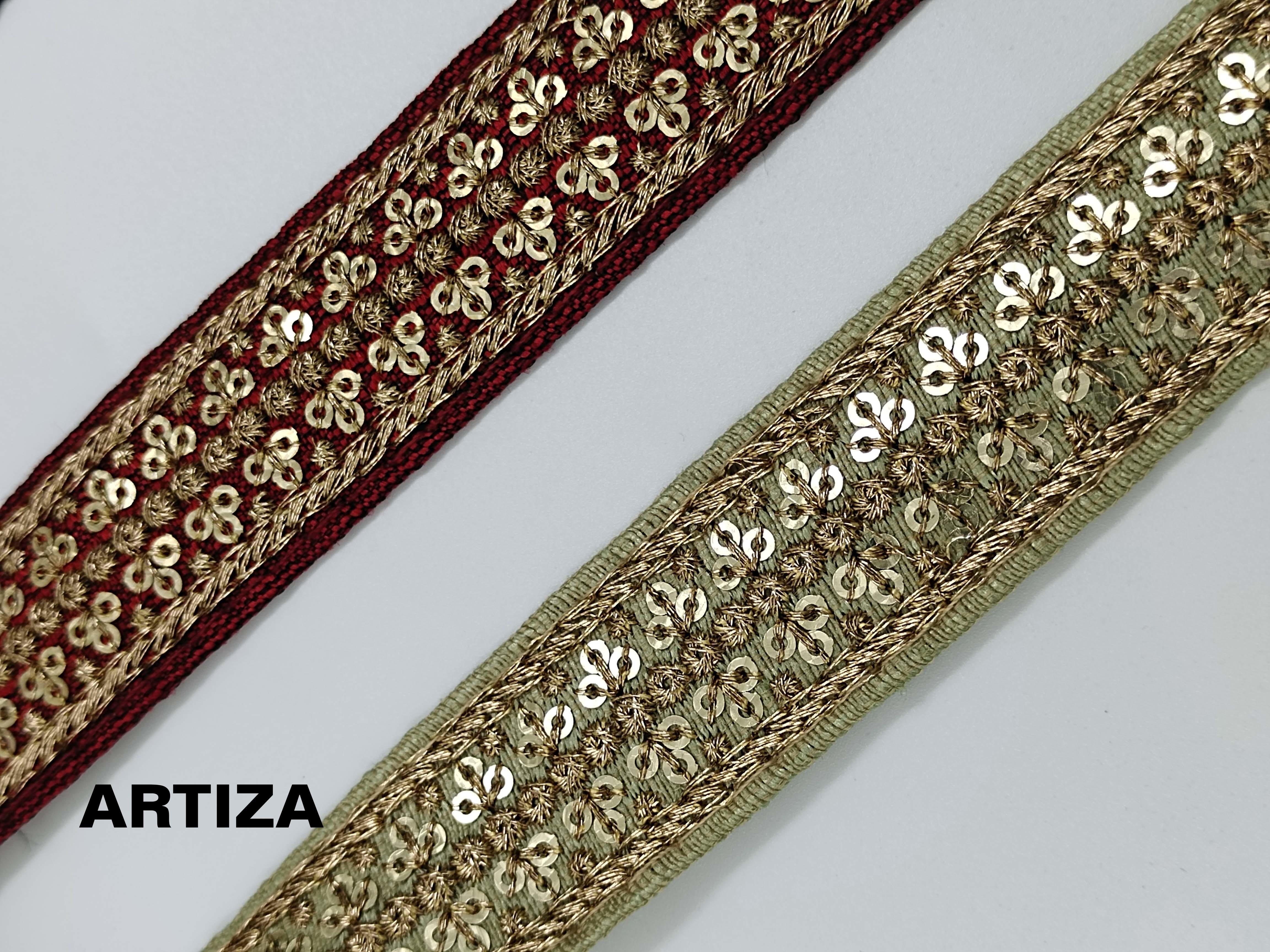 Exclusive Embroidered Zari Border - Polyester And Sequins, 2 Inch Width, Floral Design In Gold, Black, And Red Colors | Dry Clean Only, Embroidered With Sequins