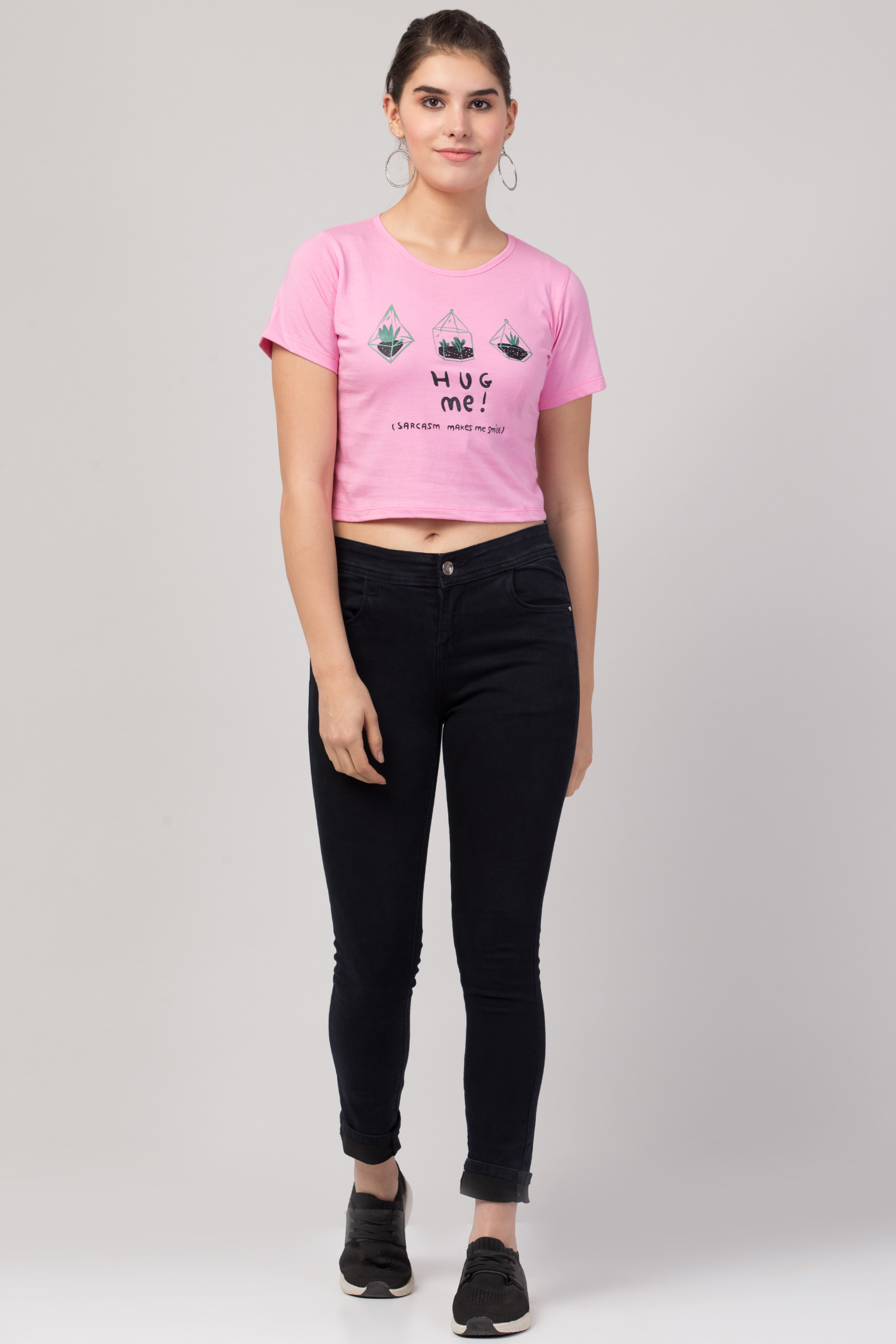 Ladies Pink Printed Crop T-shirt For Girls & Women
