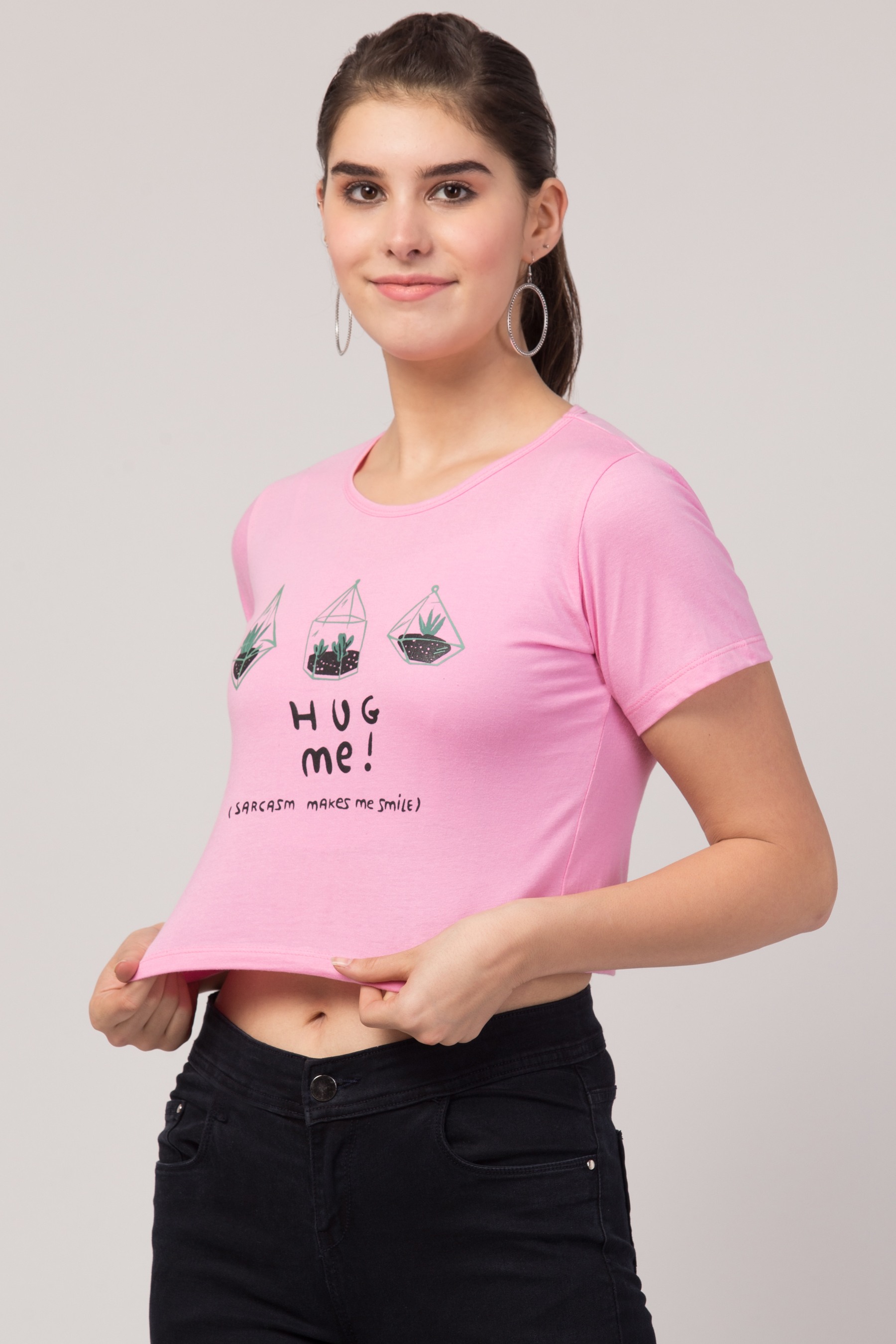 Ladies Pink Printed Crop T-shirt For Girls & Women