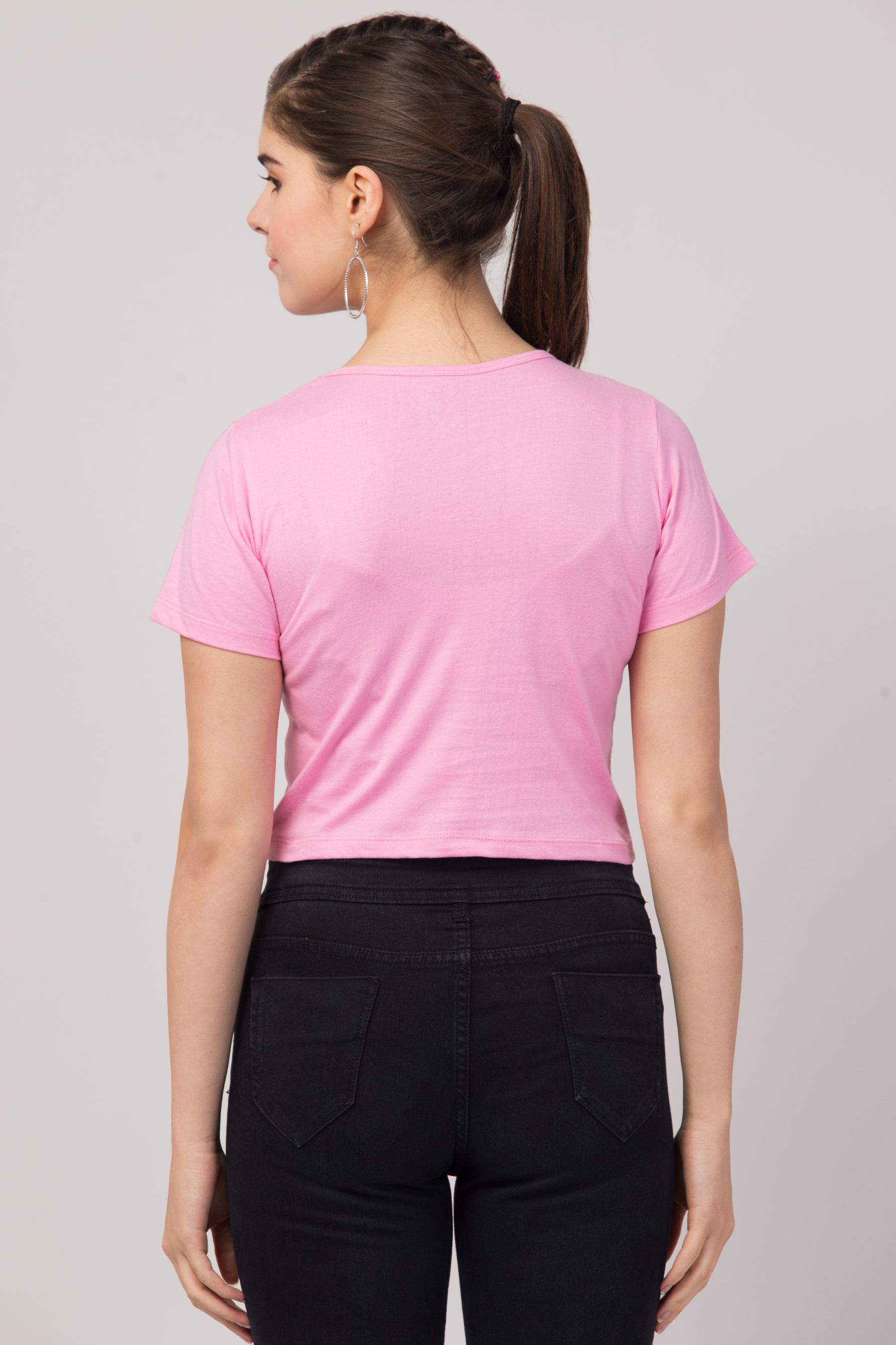Ladies Pink Printed Crop T-shirt For Girls & Women