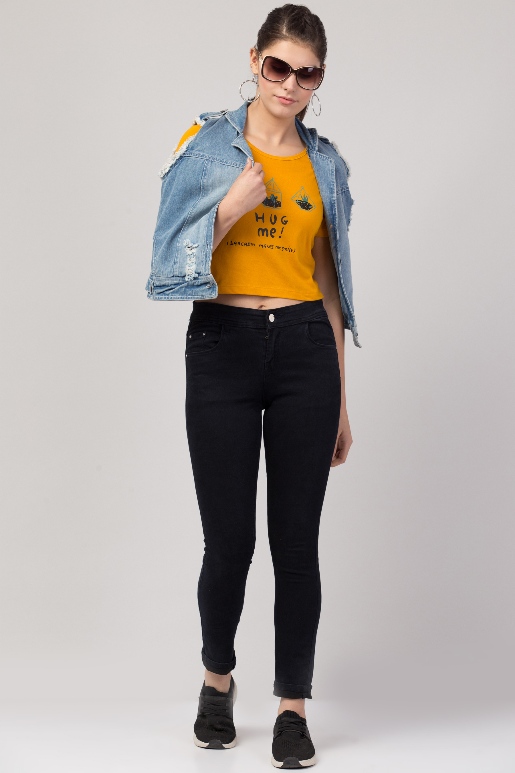 Ladies Yellow Printed Crop T-shirt For Girls & Women