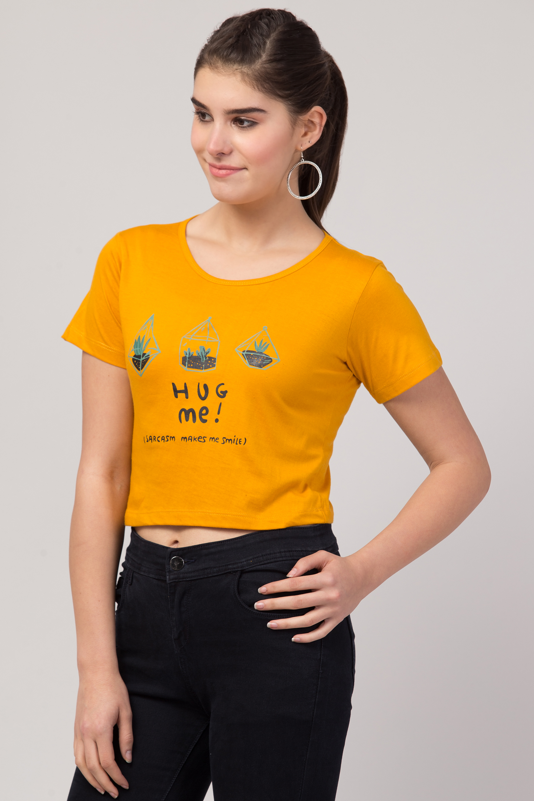 Ladies Yellow Printed Crop T-shirt For Girls & Women