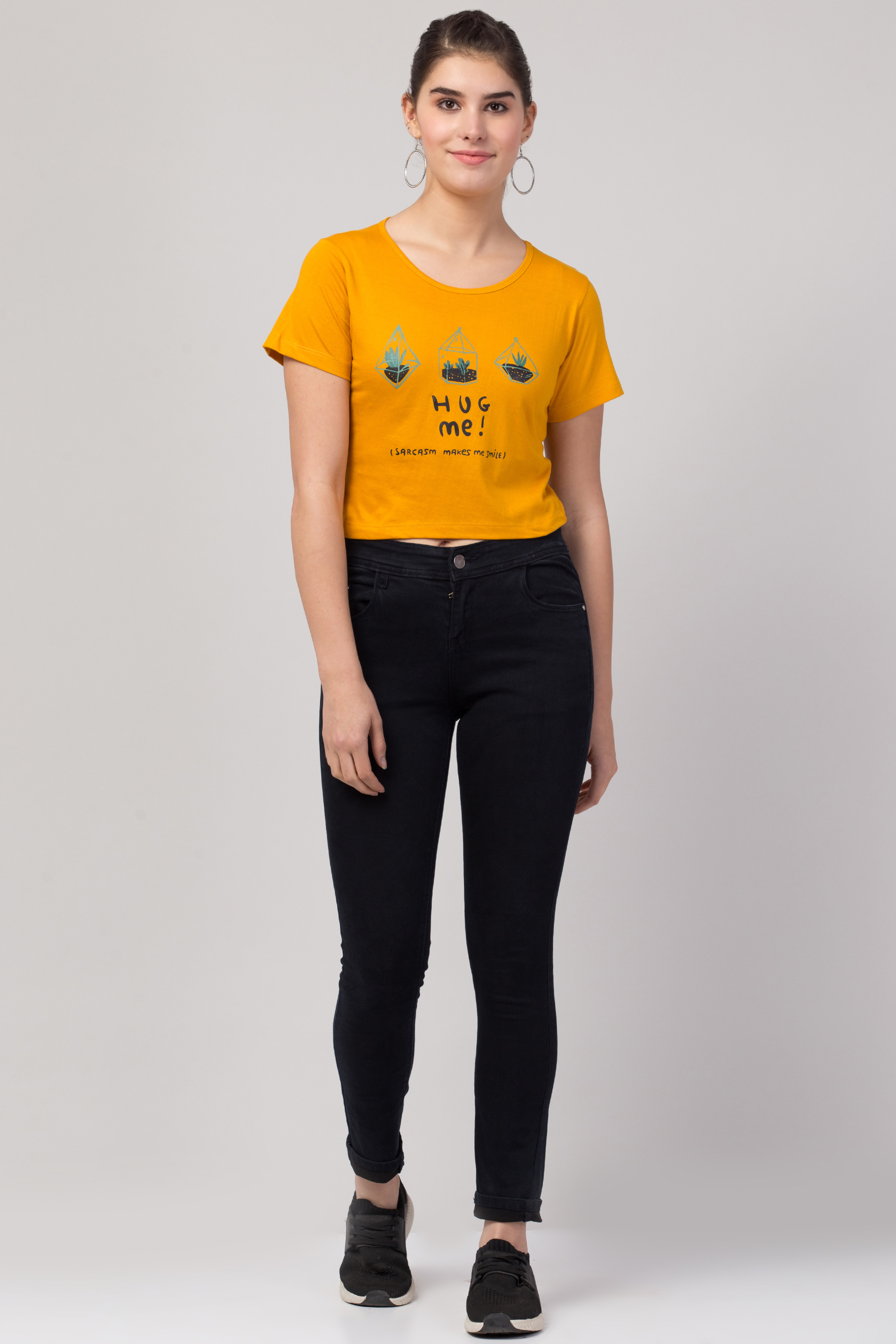 Ladies Yellow Printed Crop T-shirt For Girls & Women