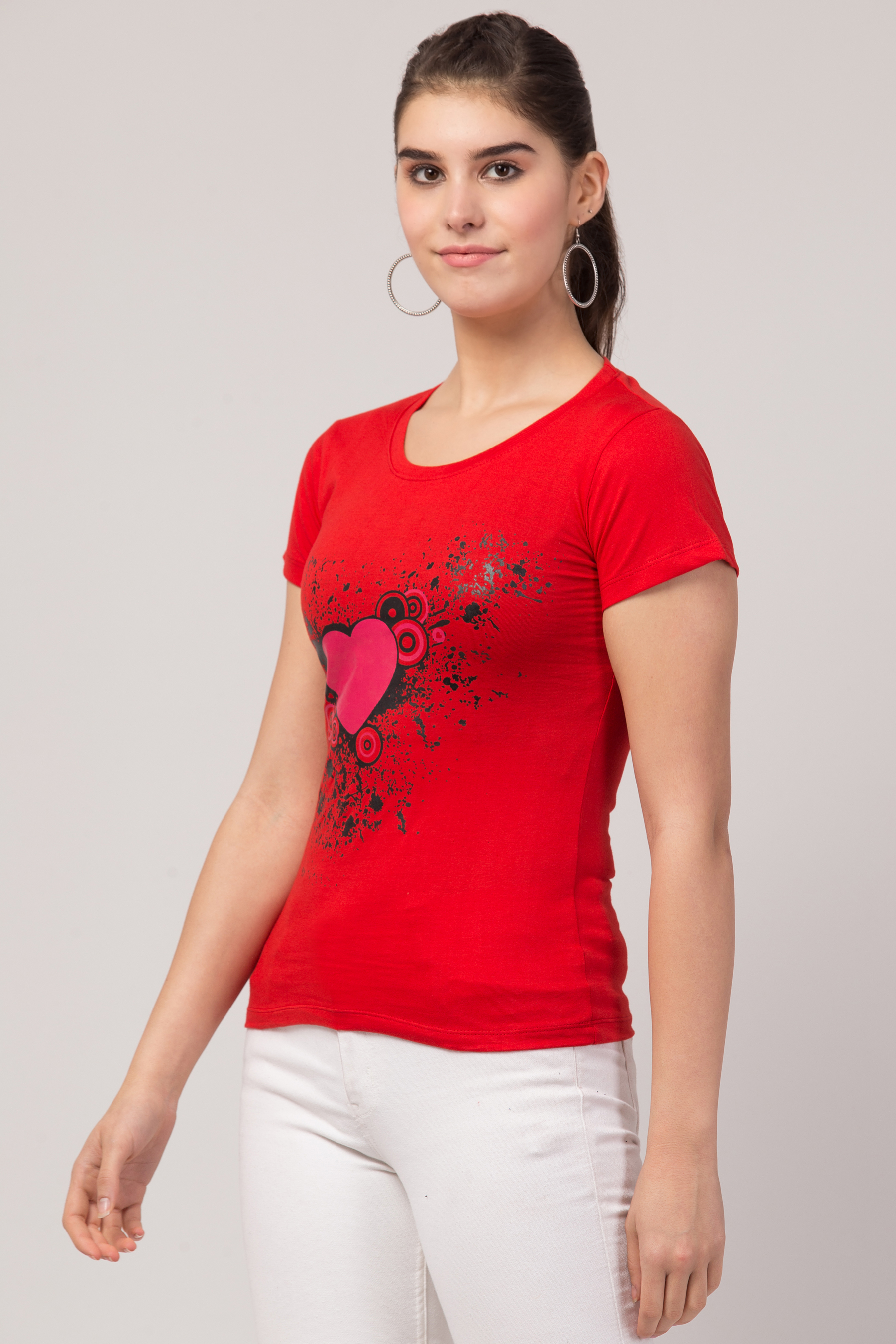 Ladies Red Heart Printed T-shirt For Girls & Women