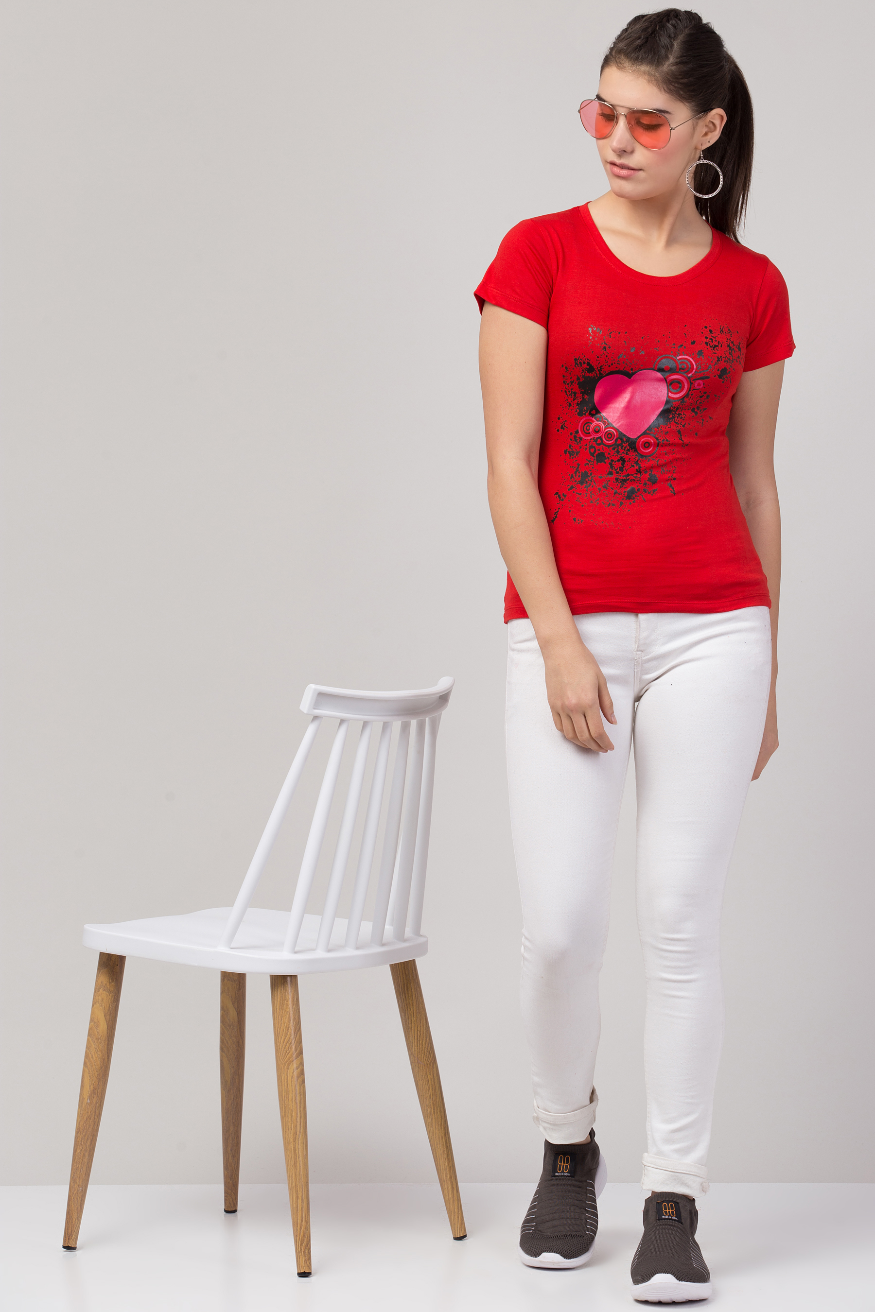 Ladies Red Heart Printed T-shirt For Girls & Women