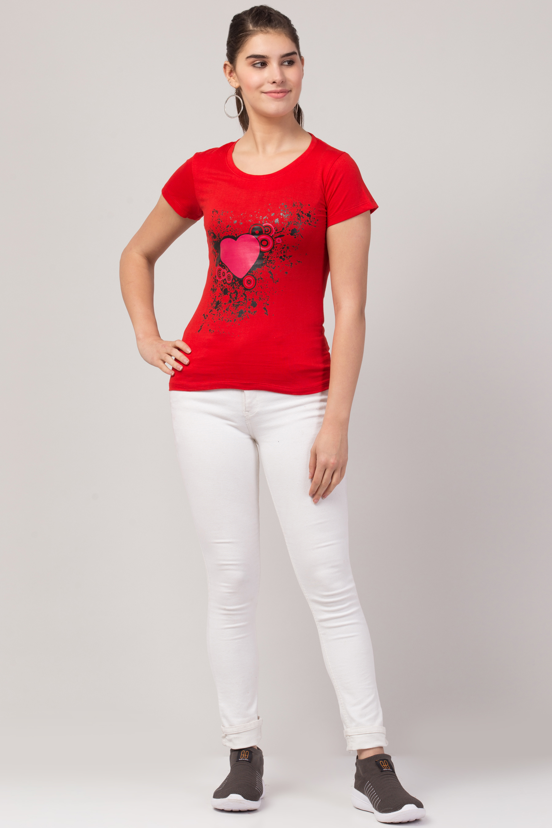 Ladies Red Heart Printed T-shirt For Girls & Women