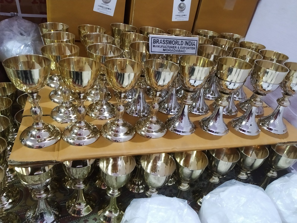 Chalice And Paten In Golden Engraved Brass Church Supplies