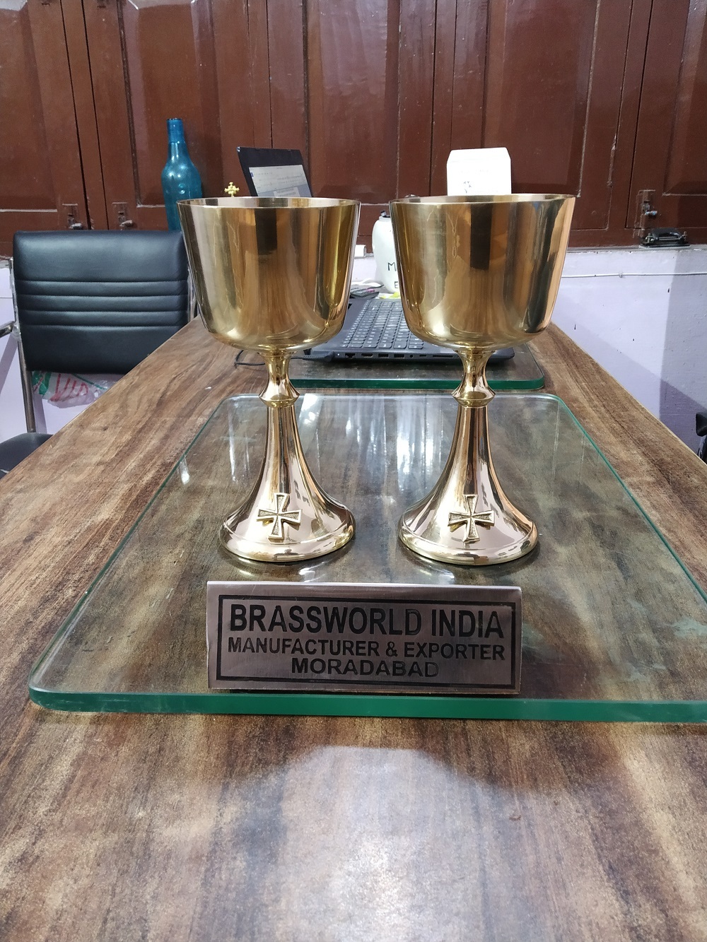 Chalice And Paten In Golden Engraved Brass Church Supplies