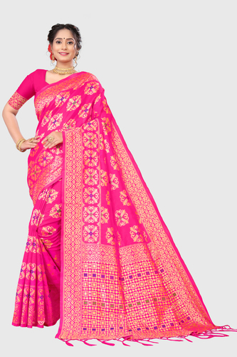 Jacquard Sarees - Polyester Lichi, 5.2m Length + 0.8m Blouse, Pink Color | Washable, All Season Wear, Plain Dyed, Printed Pattern