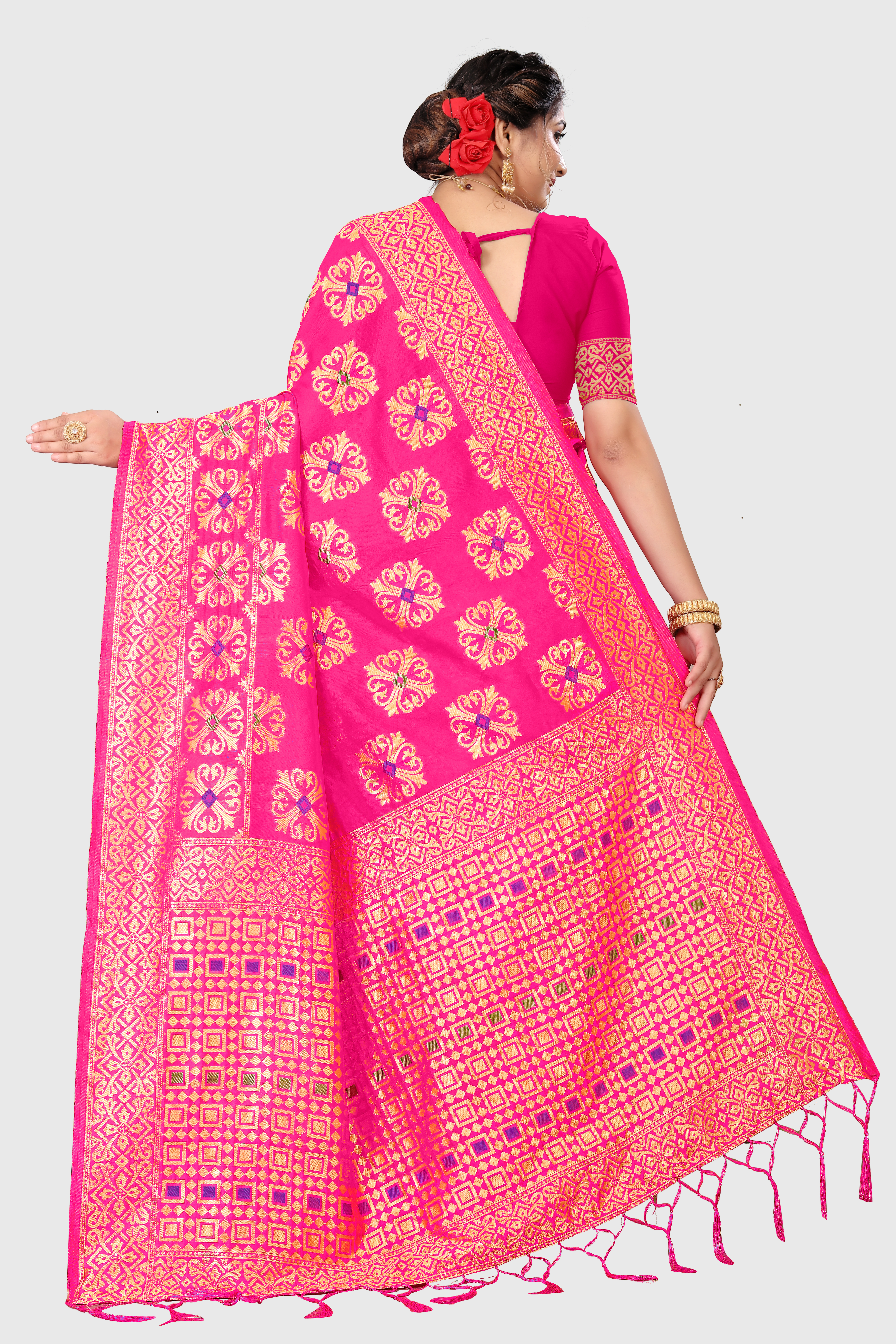 Jacquard Sarees - Polyester Lichi, 5.2m Length + 0.8m Blouse, Pink Color | Washable, All Season Wear, Plain Dyed, Printed Pattern
