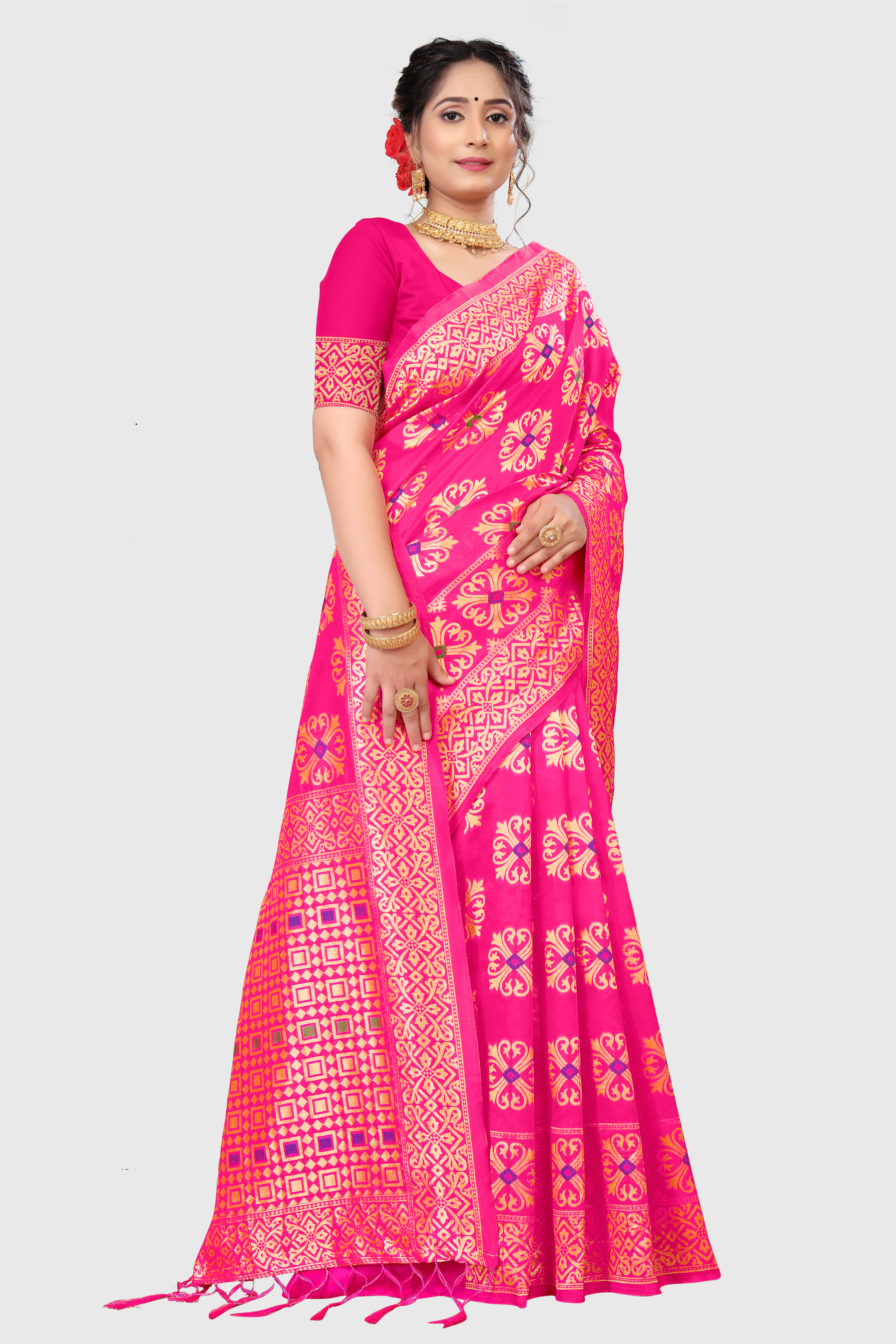 Jacquard Sarees - Polyester Lichi, 5.2m Length + 0.8m Blouse, Pink Color | Washable, All Season Wear, Plain Dyed, Printed Pattern