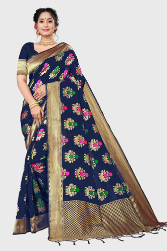 Navy Blue Printed Jacquard Saree
