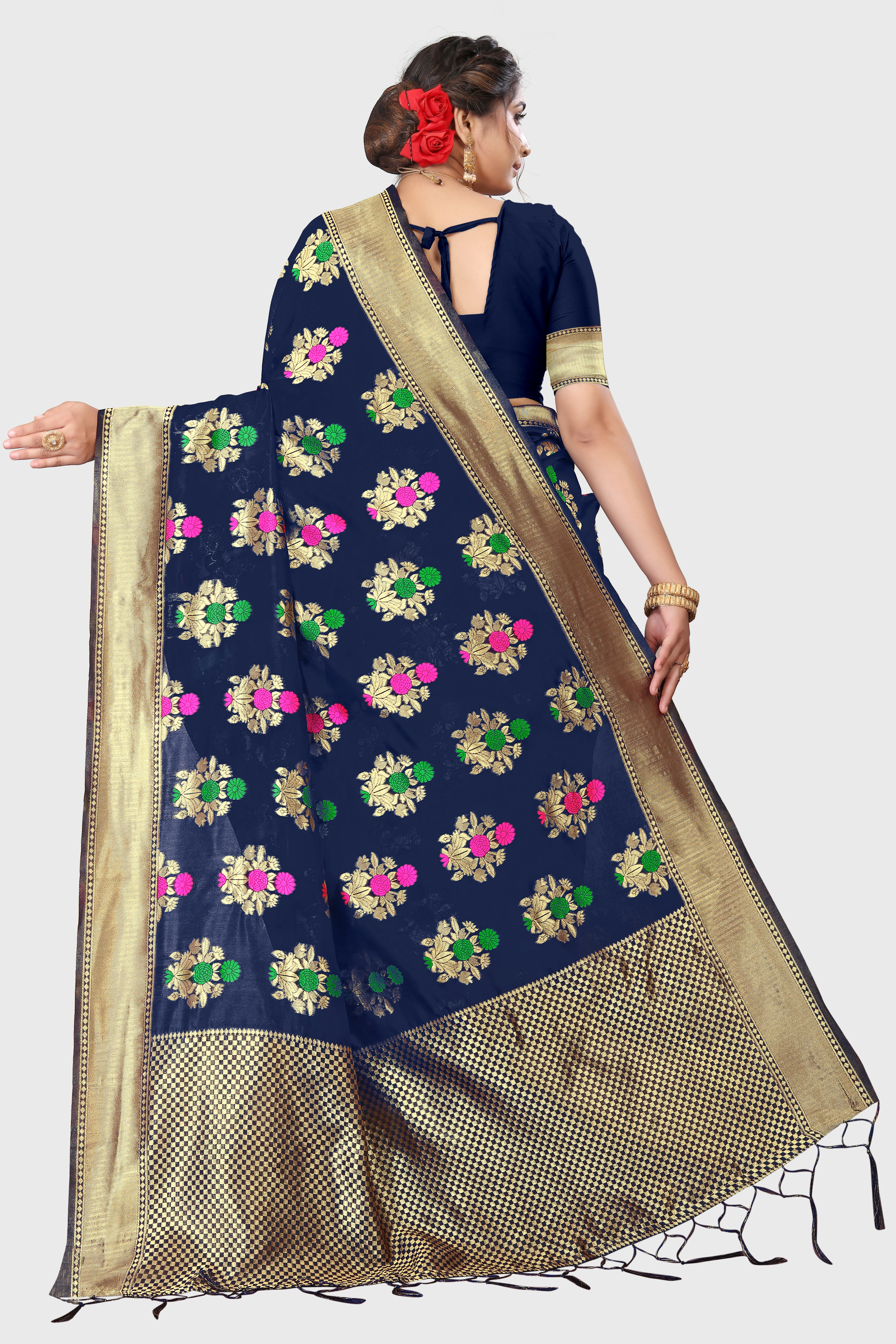 Navy Blue Printed Jacquard Saree