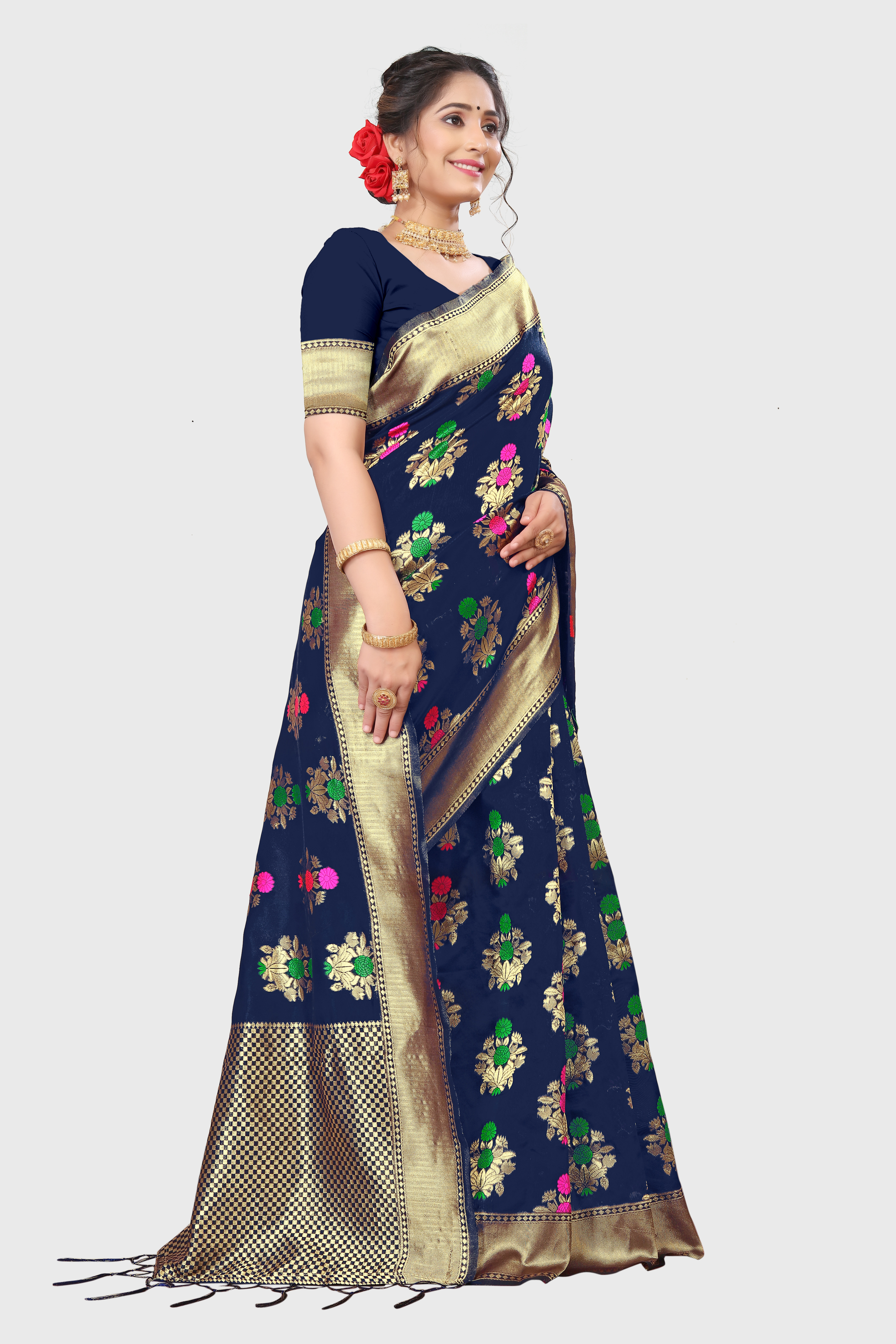 Navy Blue Printed Jacquard Saree