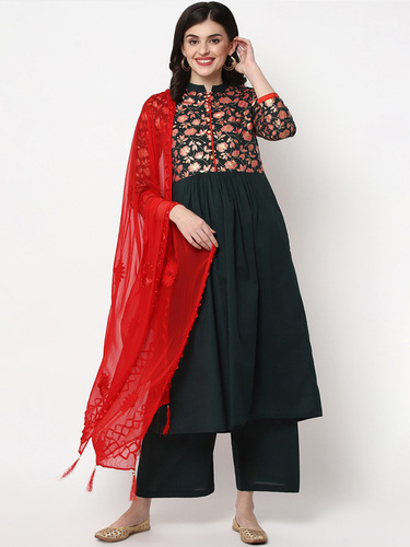 Bottle Green Kurta Palazo And Dupatta Set