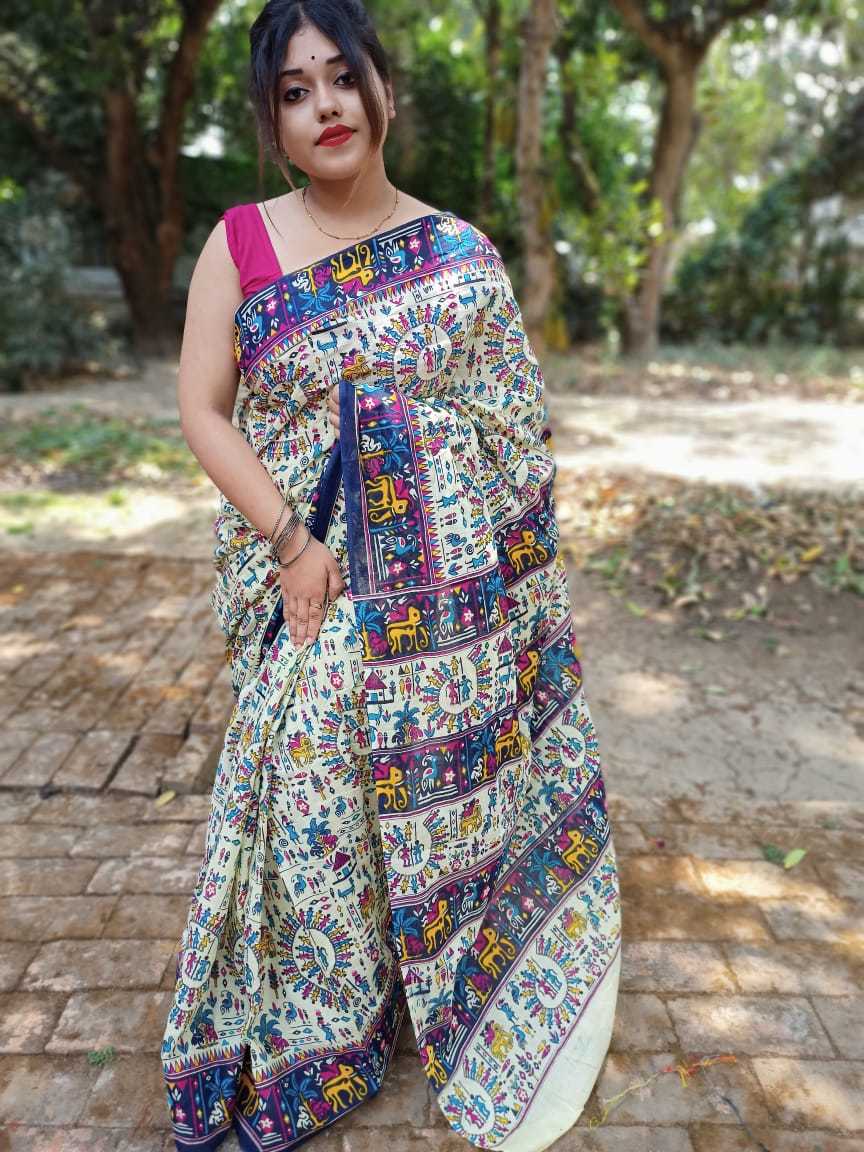 Blue. Screen Print Saree