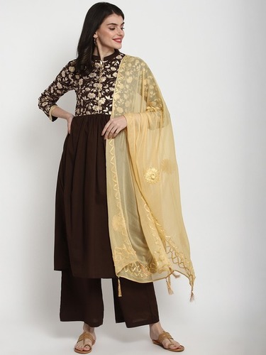 Dark Coffee Ladies Kurta And Plazo Dupatta Set