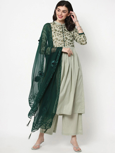 Grey Light Printed Kurta And Plazo Dupatta Set