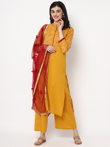Cotton Kurta And Plazo Dupatta Set - Cotton Material, Custom Sizes S-XXXL, Mustard Color, Solid With Foil Print, Short Sleeves, Washable, Ideal For All Seasons