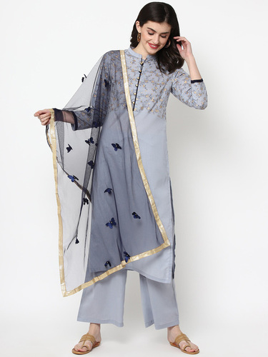 Light Grey Kurta And Plazo -Dupatta Set