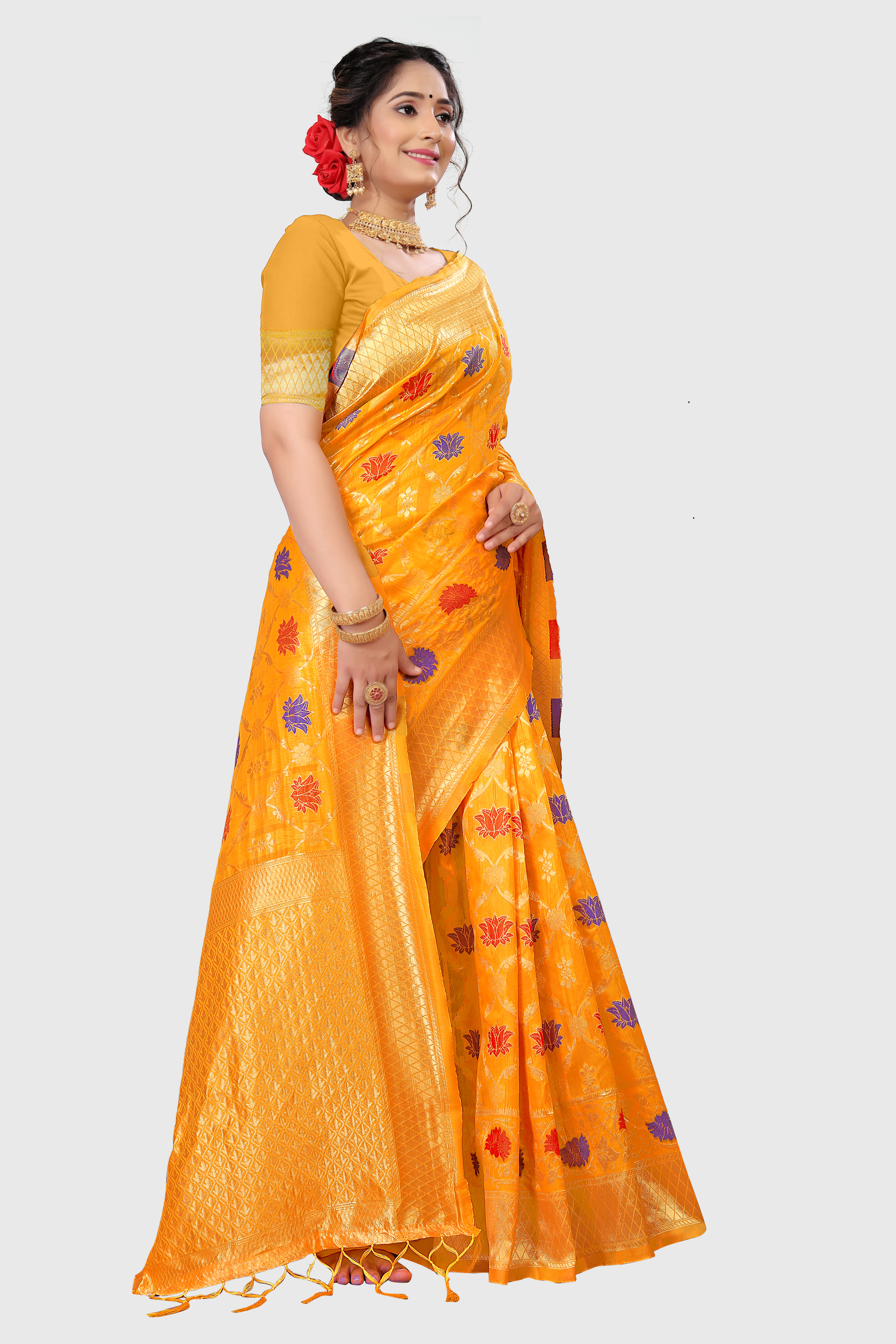 Yellow Polyester Jacquard Saree
