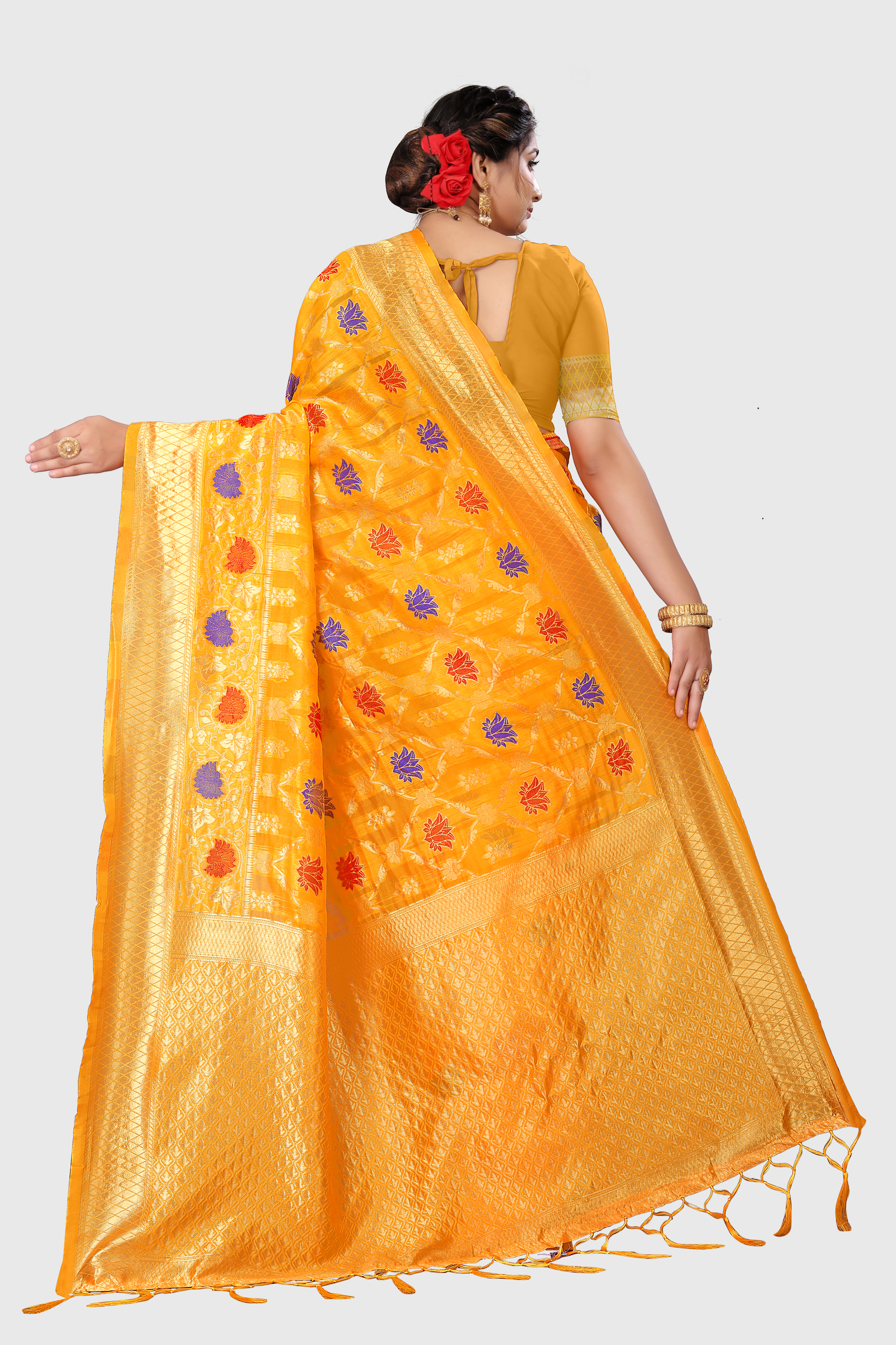 Yellow Polyester Jacquard Saree