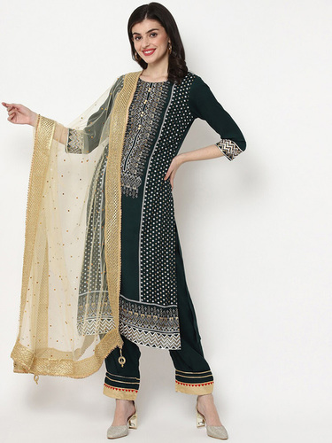Bottle Green Printed Kurta Pants Dupatta Set