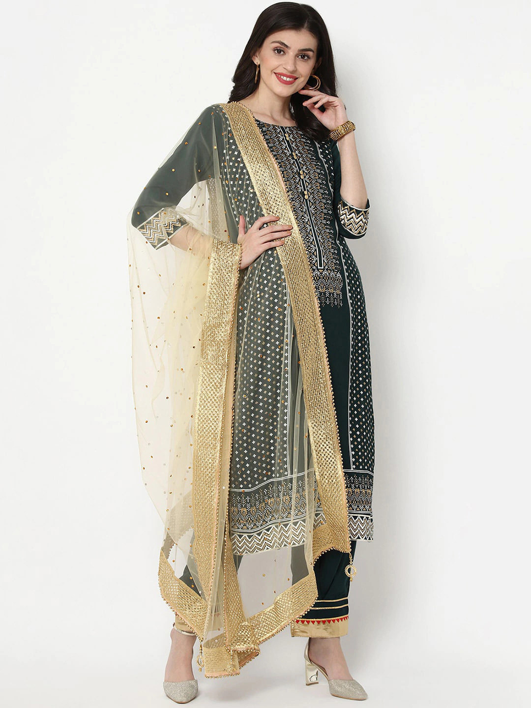 Bottle Green Printed Kurta Pants Dupatta Set