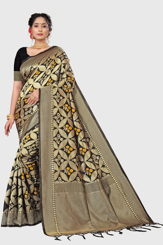 Jacquard Sarees - Polyester Lichi Fabric, 5.2 Meter Length, Black Color, All Season Washable Design
