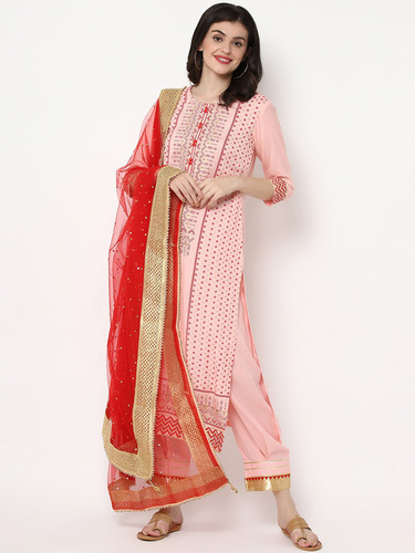 Light Pink Rayon Kurta Pant And Dupatta Set