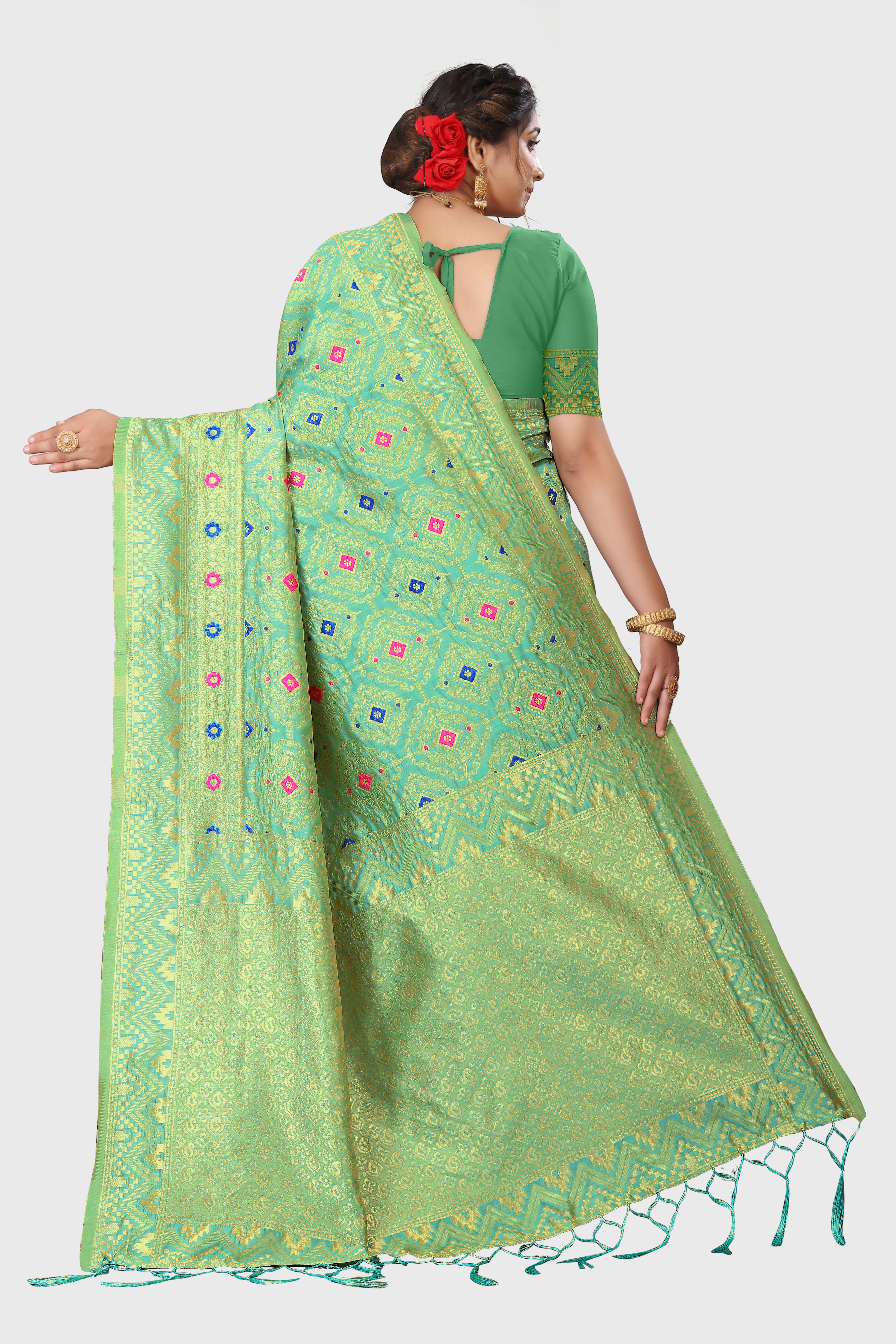 Pista Green Printed Jacquard Saris