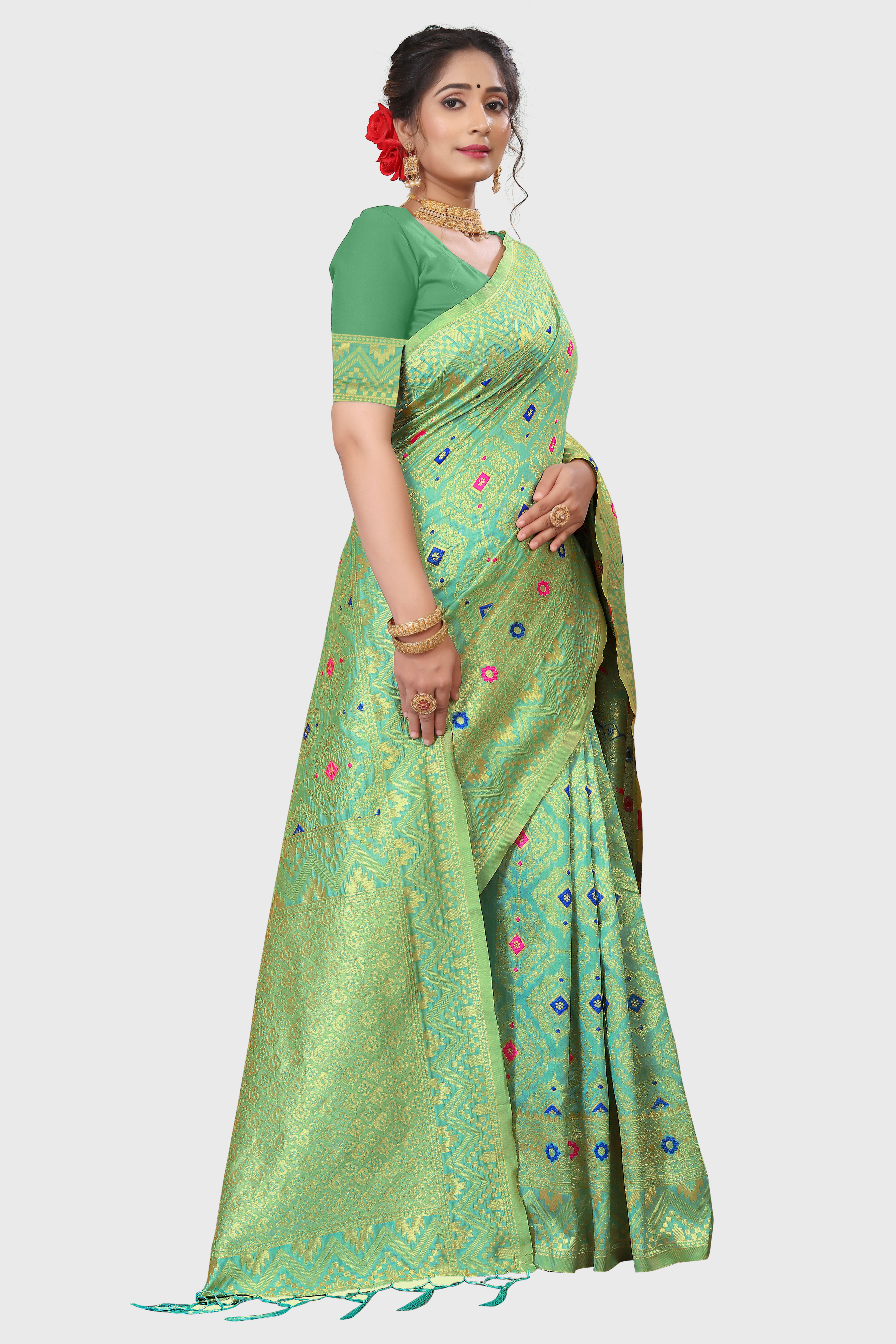 Pista Green Printed Jacquard Saris