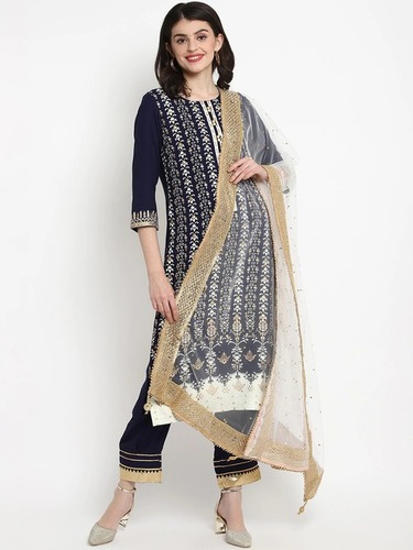 Women Rayon Kurta Pant Set - Top & Bottom In Navy Blue | Super Net Dupatta, Printed Design, Washable, Short Sleeves, Suitable For All Seasons