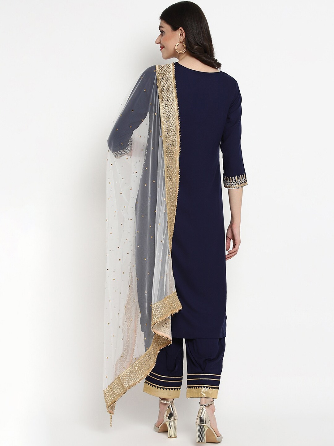 Women Rayon Kurta Pant Set - Top & Bottom In Navy Blue | Super Net Dupatta, Printed Design, Washable, Short Sleeves, Suitable For All Seasons