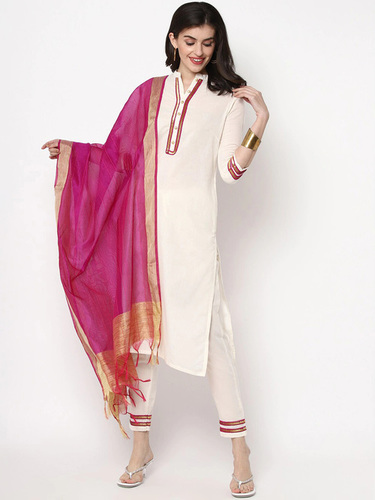 Off White Cotton Kurta Pant And Dupatta Set