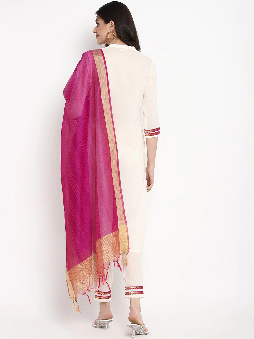 Off White Cotton Kurta Pant And Dupatta Set