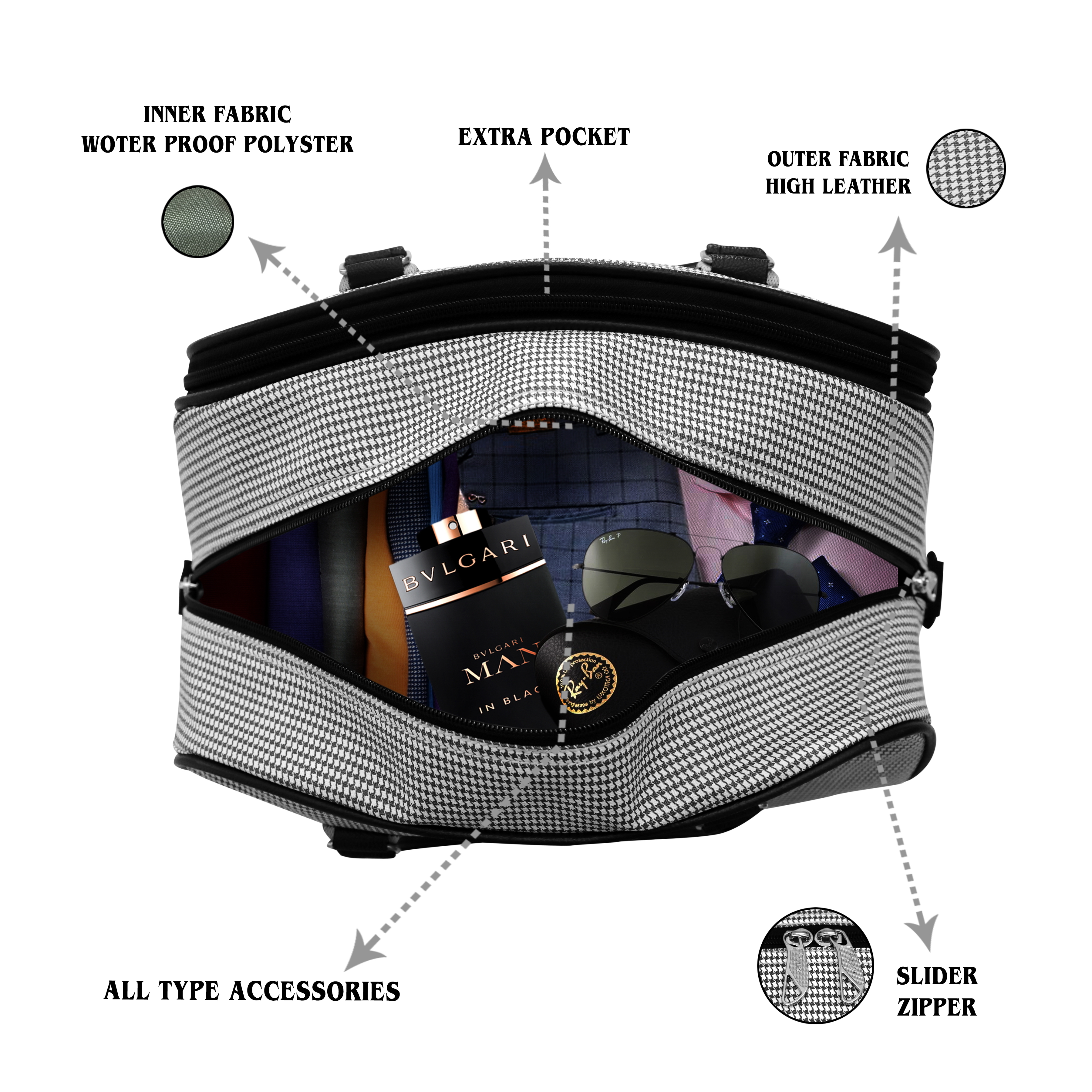 White & Black Duffle Bag - Leather, 15 X 12 X 9 Inch, 25 Liter Capacity , Customized Printed Design With Handles, Zip Closure And Lightweight At 400 Grams
