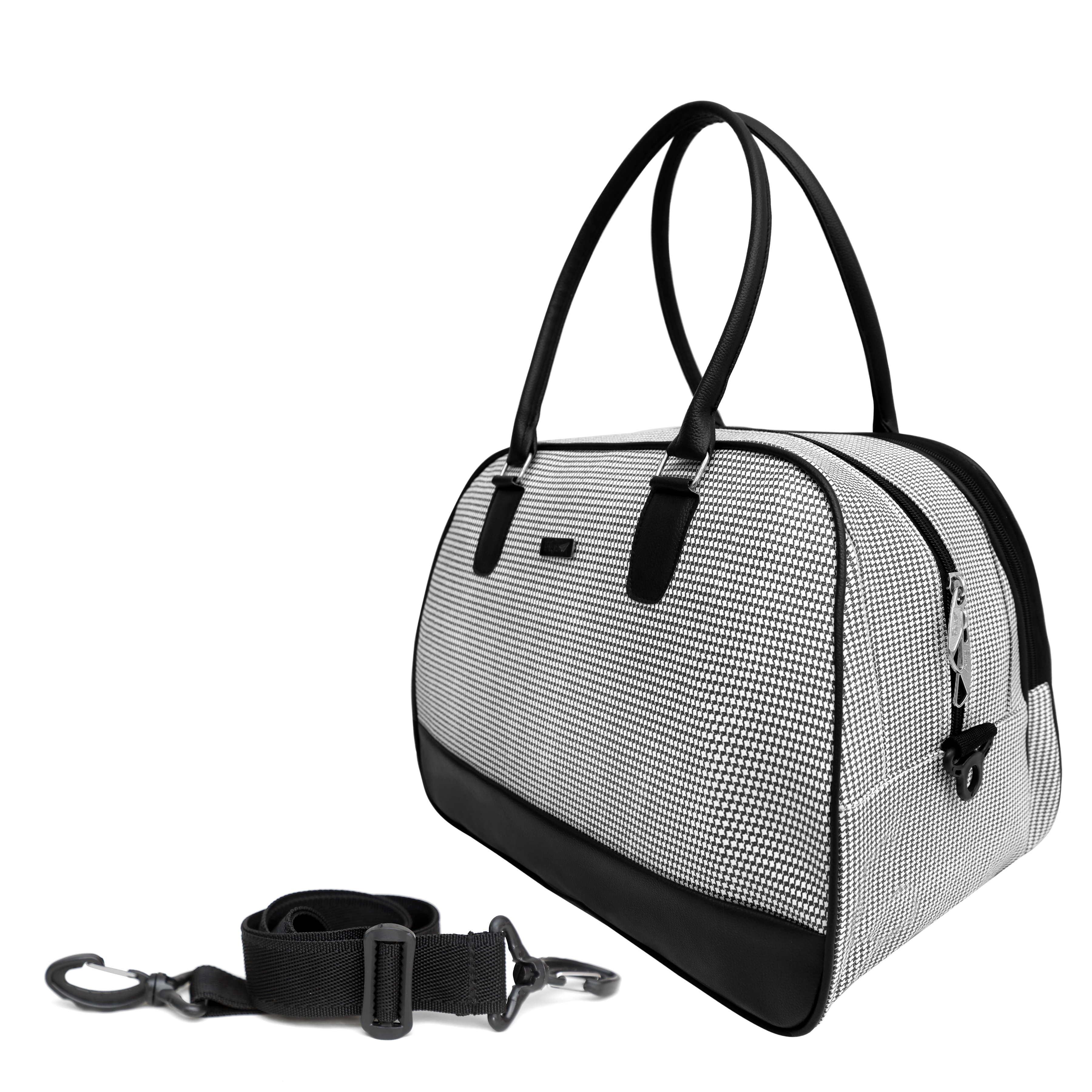 White & Black Duffle Bag - Leather, 15 X 12 X 9 Inch, 25 Liter Capacity , Customized Printed Design With Handles, Zip Closure And Lightweight At 400 Grams