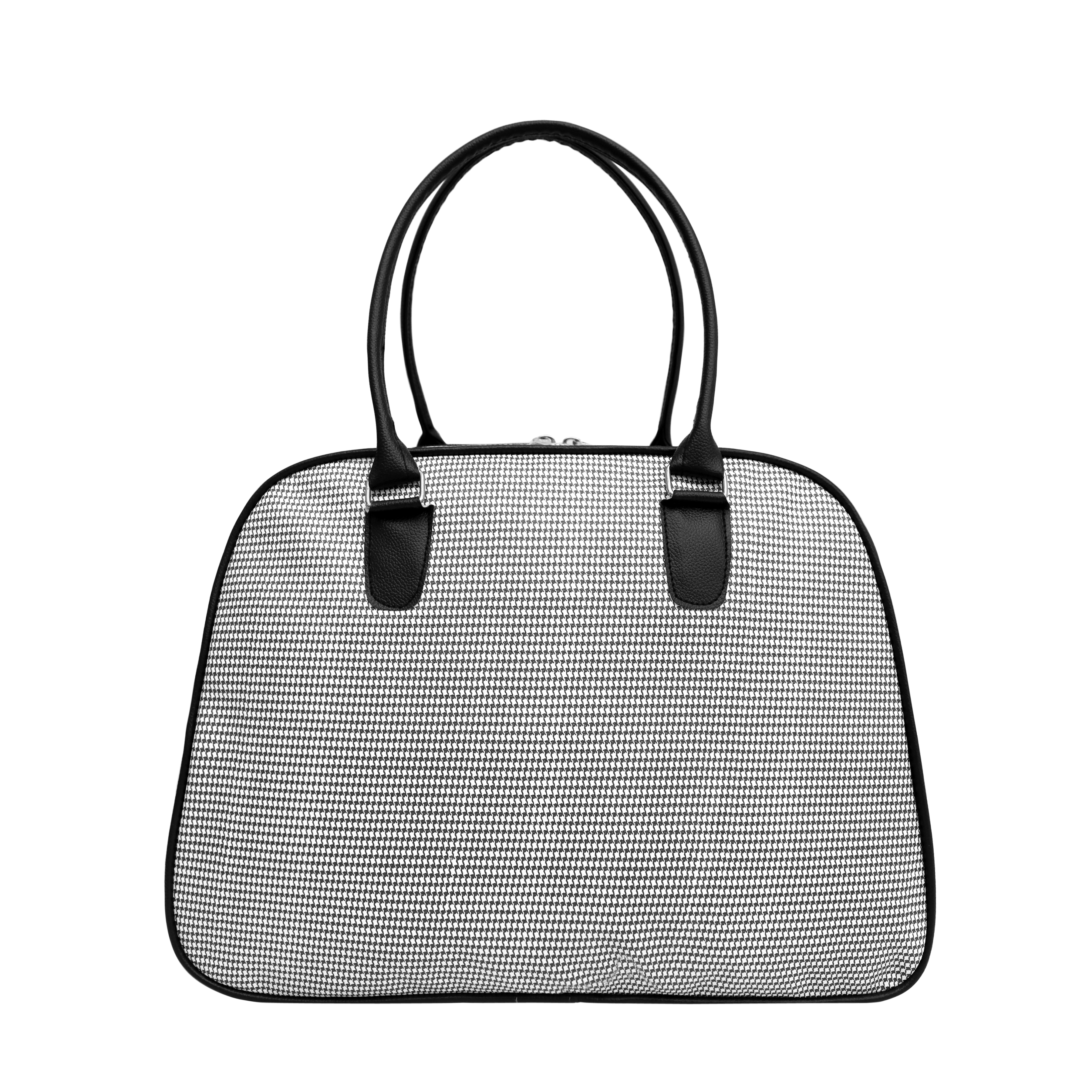 White & Black Duffle Bag - Leather, 15 X 12 X 9 Inch, 25 Liter Capacity , Customized Printed Design With Handles, Zip Closure And Lightweight At 400 Grams