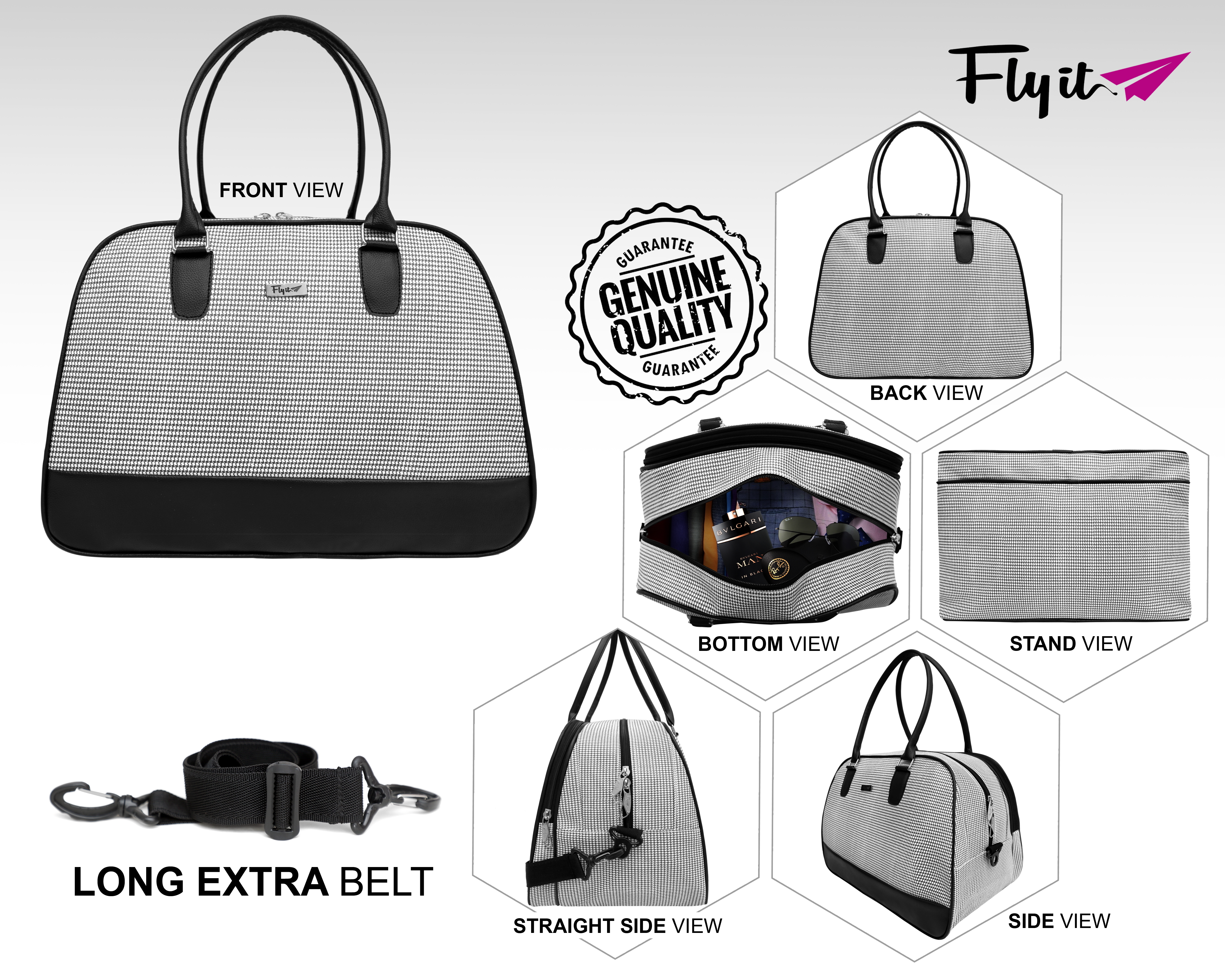 White & Black Duffle Bag - Leather, 15 X 12 X 9 Inch, 25 Liter Capacity , Customized Printed Design With Handles, Zip Closure And Lightweight At 400 Grams