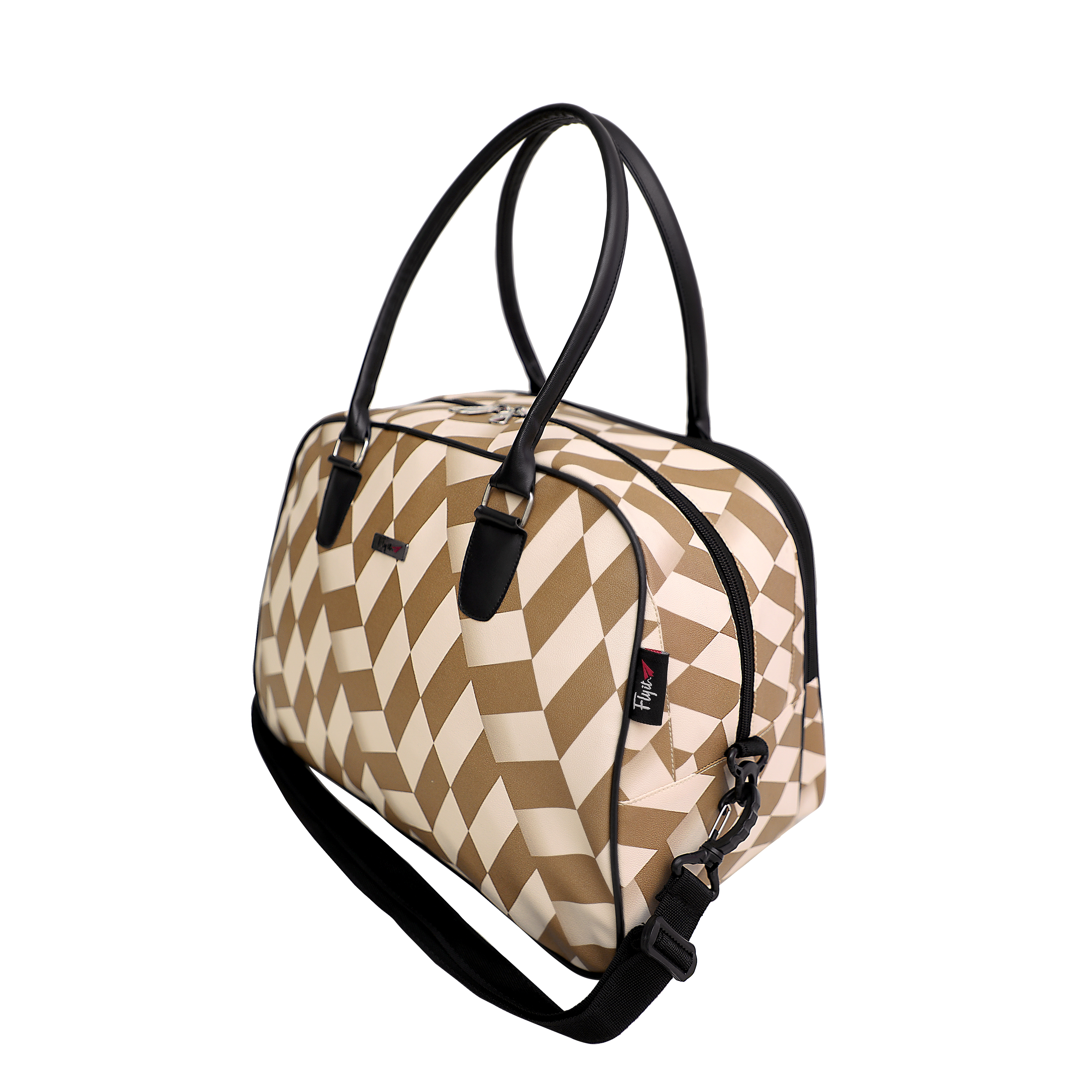 Zigzag Printed Duffle Bag - Leather, 15 X 12 X 9 Inch, Cream With Gold , 25l Capacity, Multiple Compartments, Zip And Closure, Customizable Handles