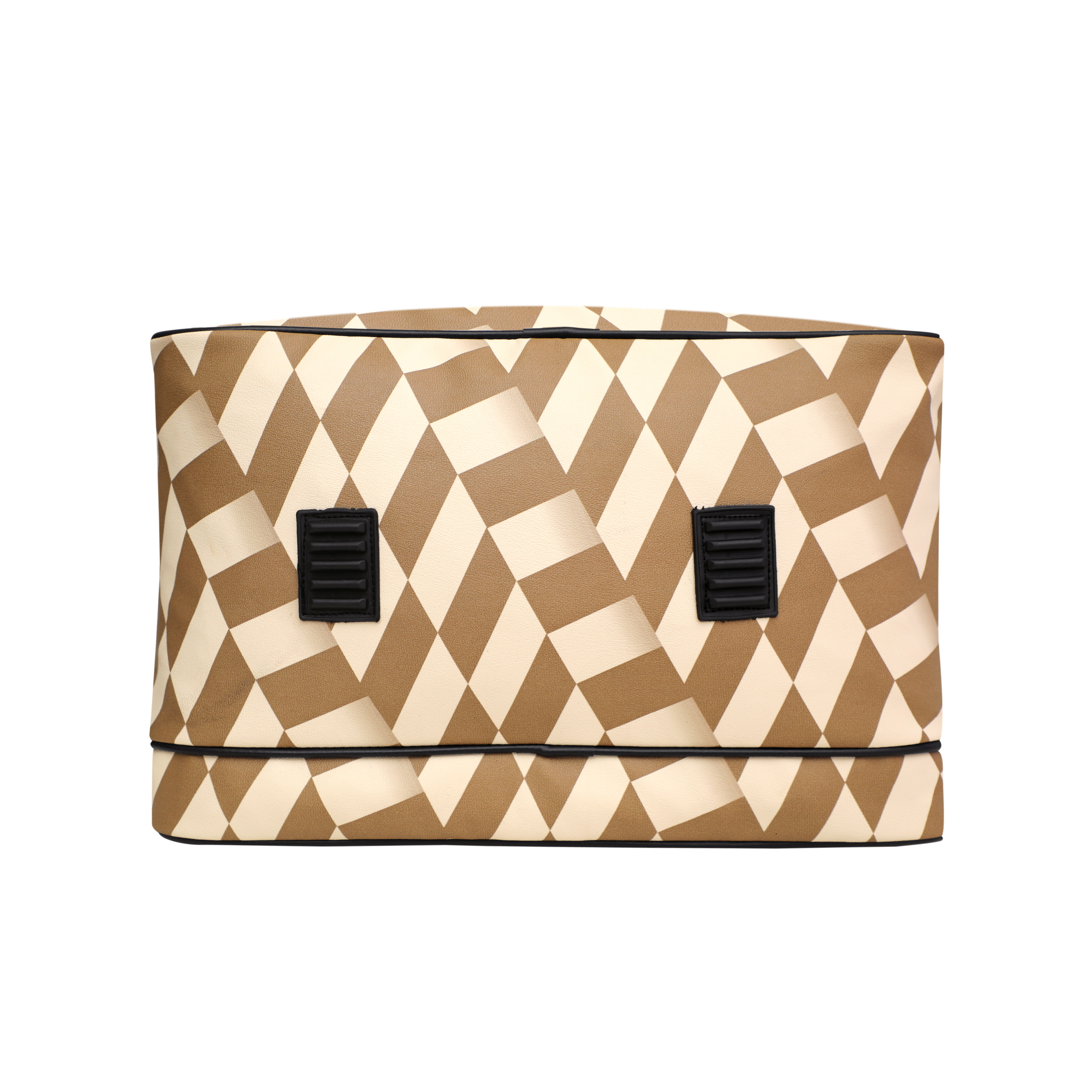 Zigzag Printed Duffle Bag - Leather, 15 X 12 X 9 Inch, Cream With Gold , 25l Capacity, Multiple Compartments, Zip And Closure, Customizable Handles
