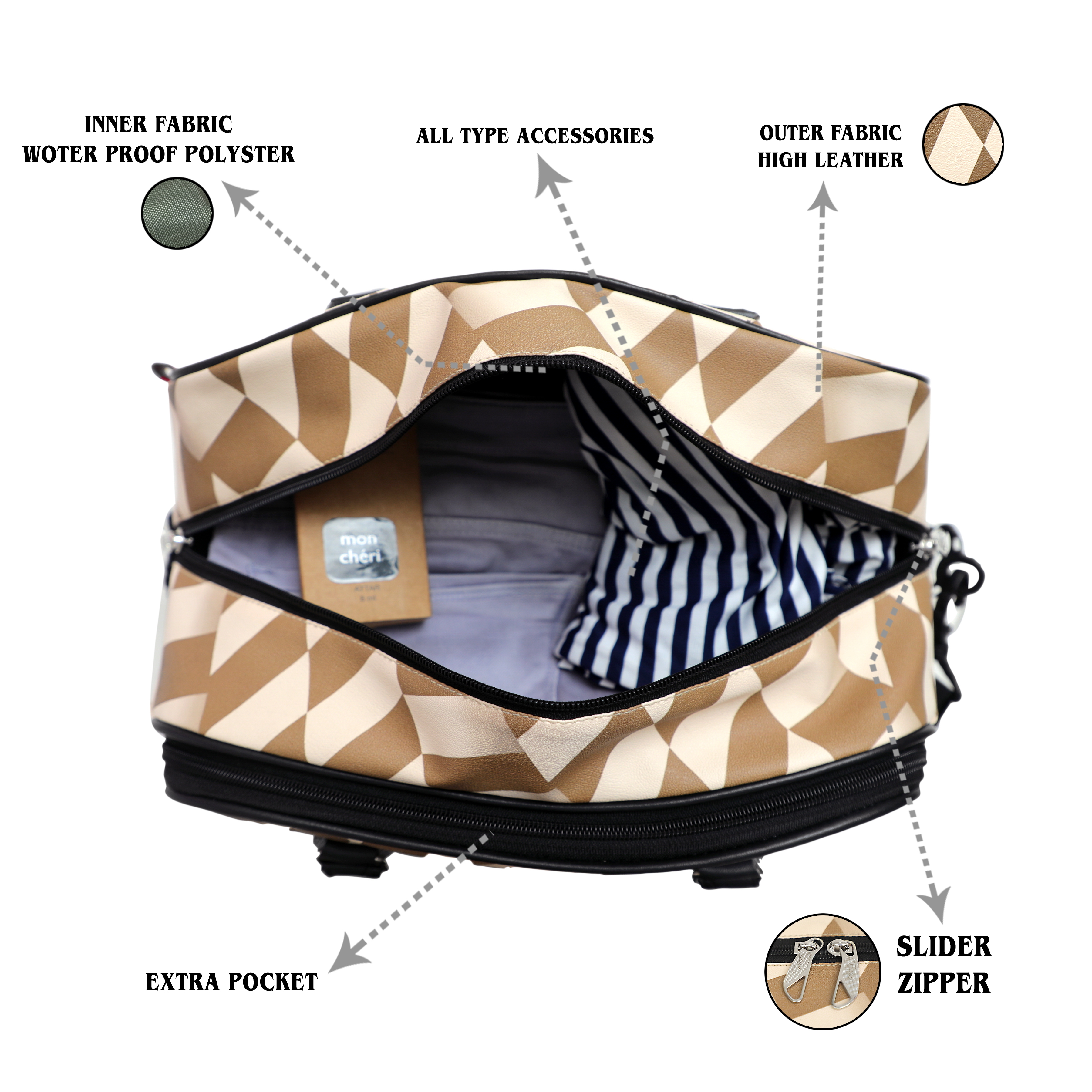 Zigzag Printed Duffle Bag - Leather, 15 X 12 X 9 Inch, Cream With Gold , 25l Capacity, Multiple Compartments, Zip And Closure, Customizable Handles